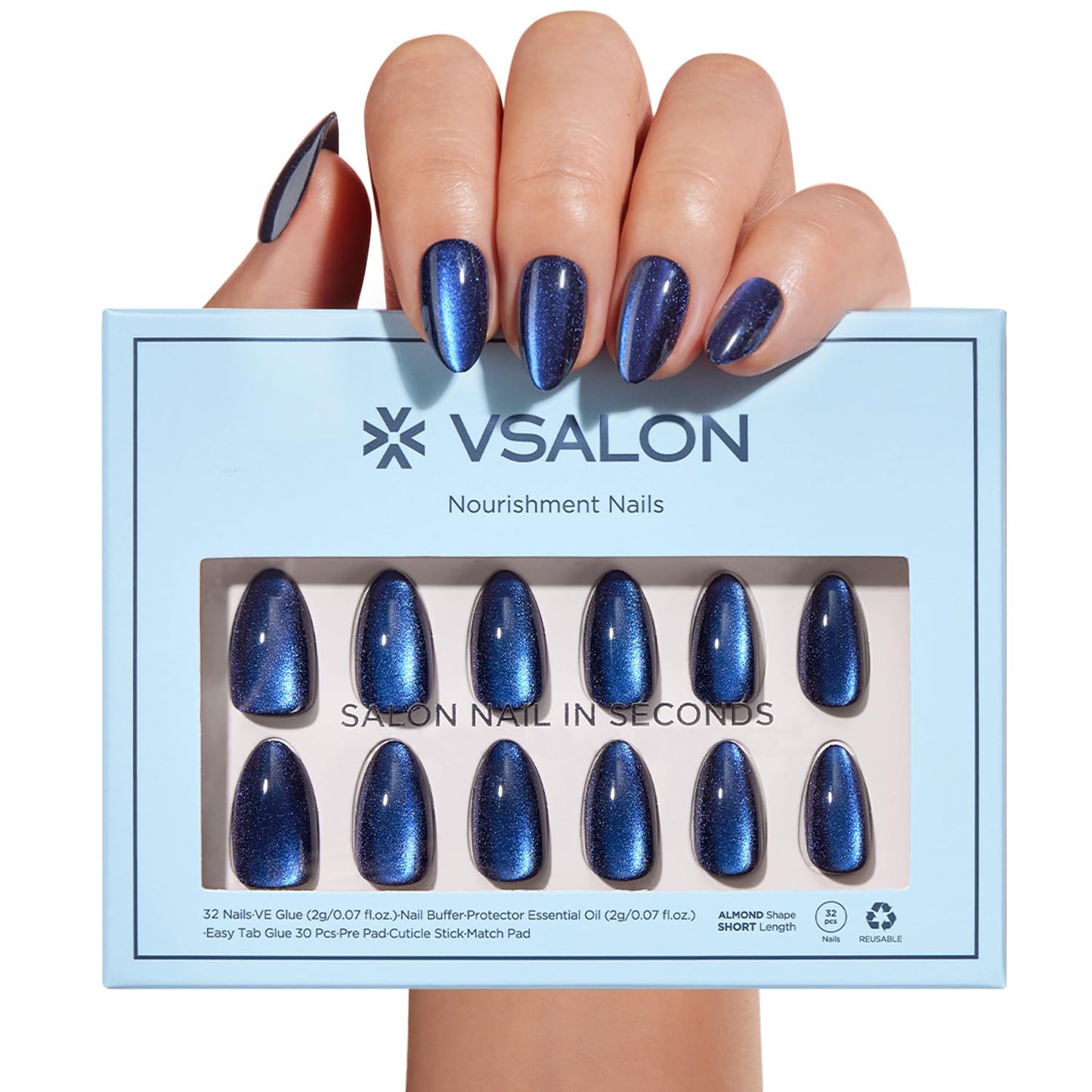 Vsalon Press On Nails Short Almond, Purple Cat Eye French Tip & Blue Cat Eye Chrome Fake Press On Nails Kit