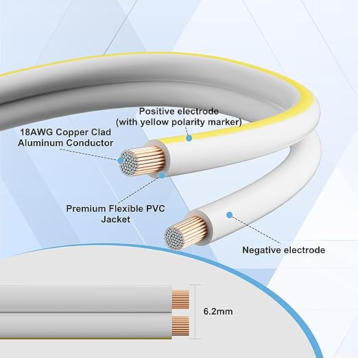 18AWG Speaker Wire 150 FT, 18 Gauge Audio Security Alarm Hookup Control Low Voltage Cable, Home Theater Wire, Automotive Wire, White Cord with Yellow Polarity Marker, CCA, 2 Conductors Electrical Wire