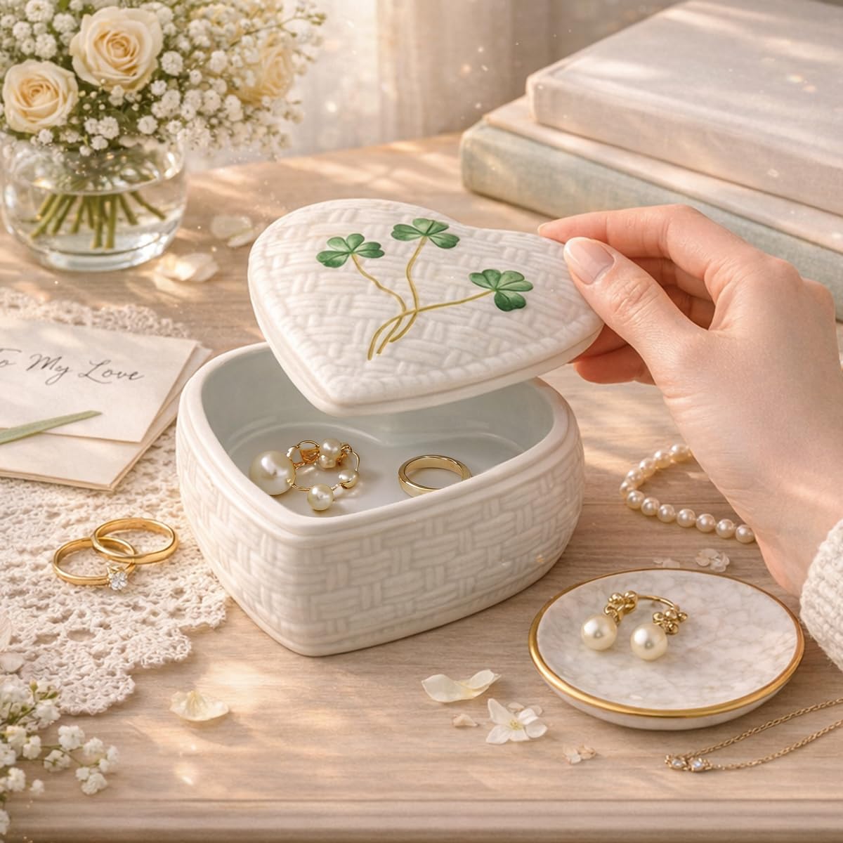Belleek Kylemore Small Trinket Box - Handcrafted Decorative Storage - Porcelain Shamrock Irish Decor, 3.3 x 4.4 Inches, White