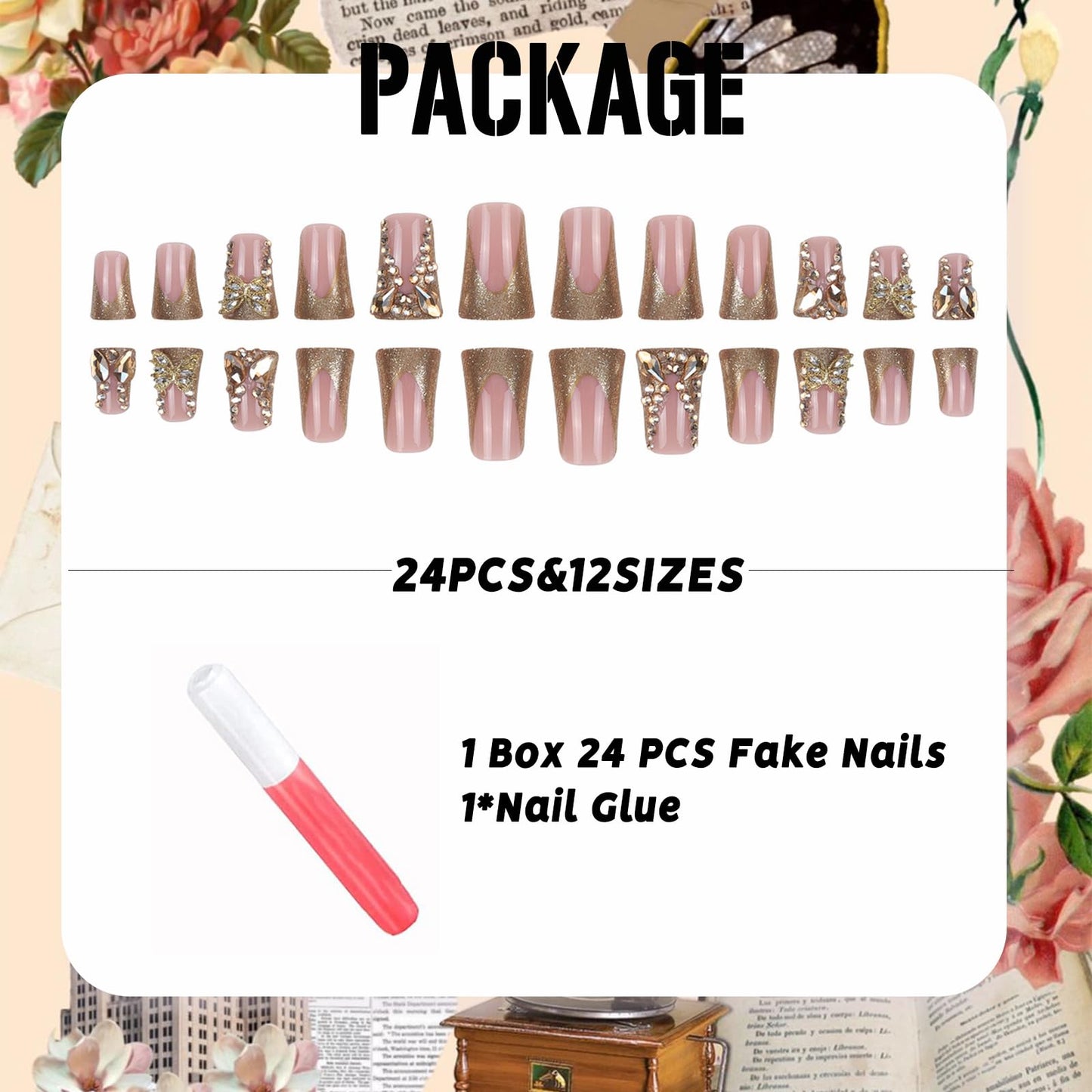 IMSOHOT Golden Duck Press on Rhinestone French Tips Fake Nails with Duckbill Designs Bling Feet Style Glossy False Nails with Butterfly Diamonds Design 24Pcs