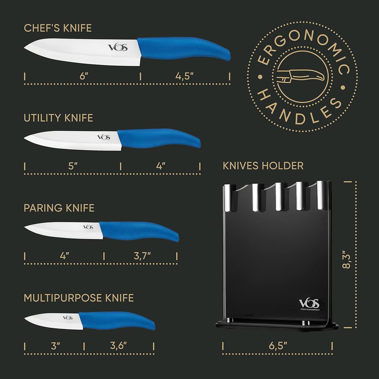 Vos Ceramic Knife Set with Block, Ceramic Knives Set For Kitchen, Ultra Sharp Kitchen Knife Set with Covers, 3" 4" 5" 6" Chef Knife, Utility, Paring & Versatile, Lightweight, Dishwasher safe (Blue)
