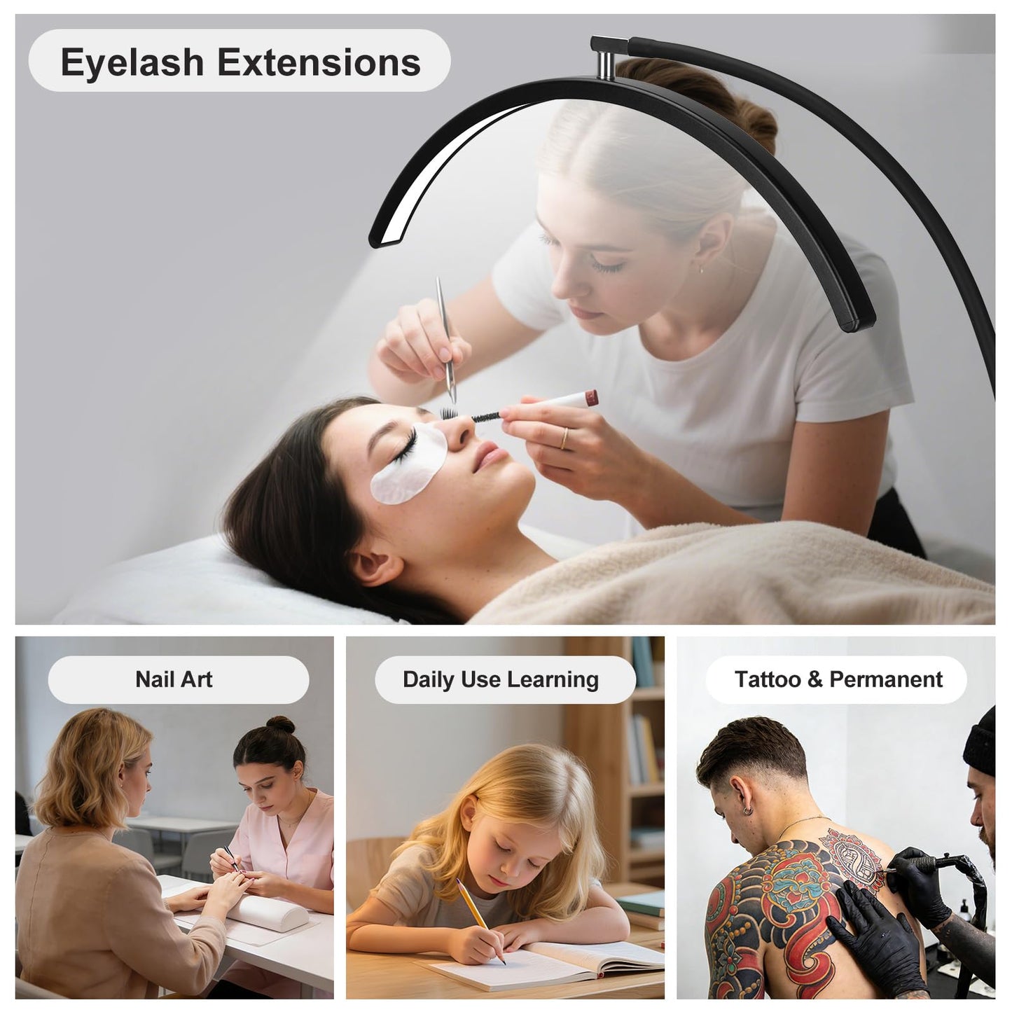 Half Moon Light for Nail Desk - Professional Shadowless LED Manicure Lamp with Clamp, 3 Color Modes & 10 Brightness Levels, Eye-Caring Beauty Lamp for Eyelash Extensions, Tattoo, Estheticians