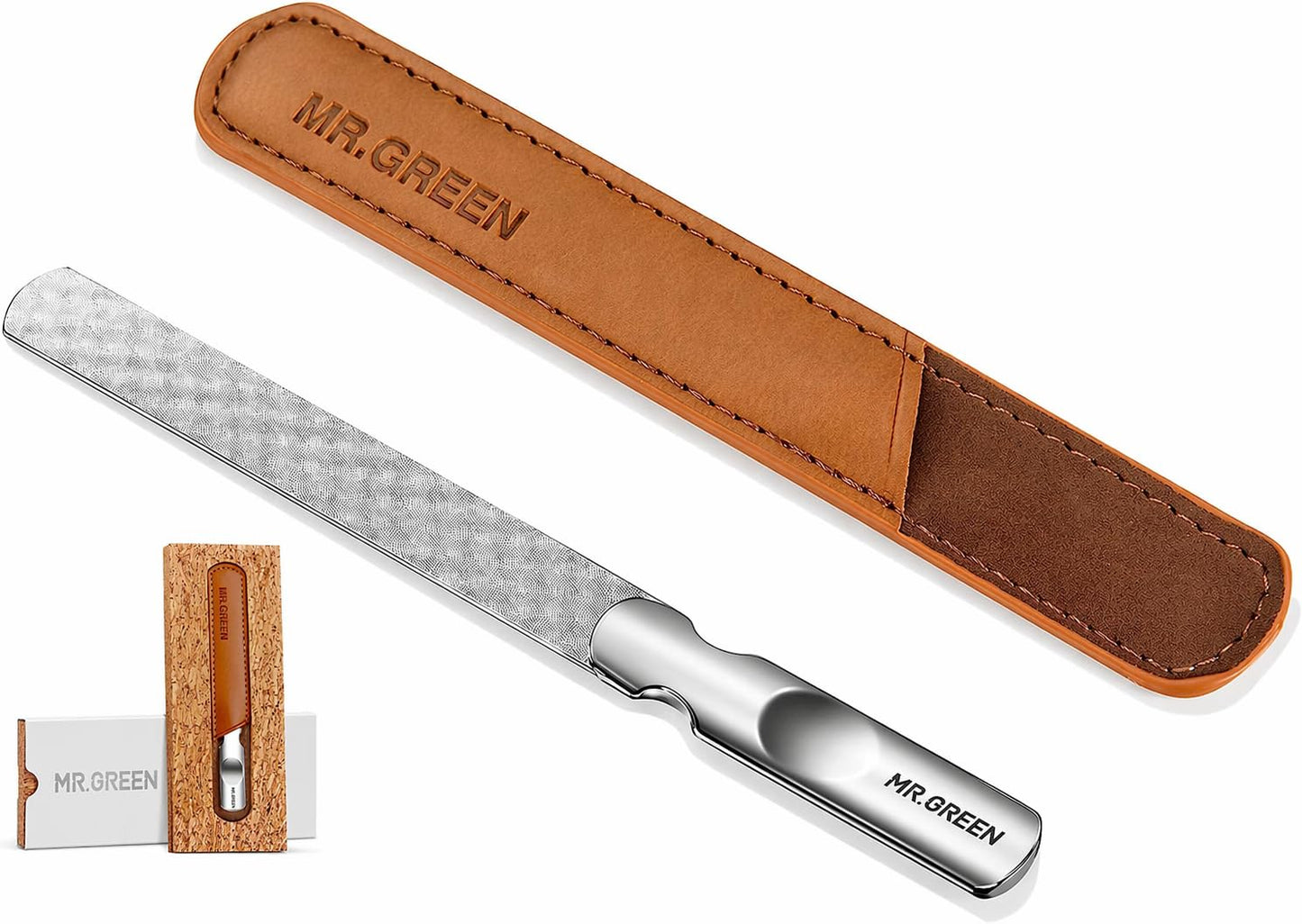 MR.GREEN Stainless Steel Nail File with Anti-Slip Handle and Leather Case, Double Sided and Files Nails Easily for Men and Woman