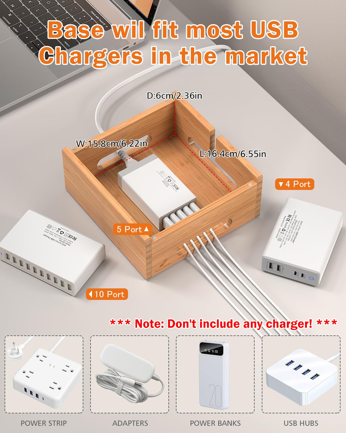 Pezin & Hulin Bamboo Charging Station Organizer for Multiple Devices, Desktop Docking Station Compatible with Phone, Tablet, Earbuds, Smartwatch, (Included 5 Cables, NO Charger HUB)