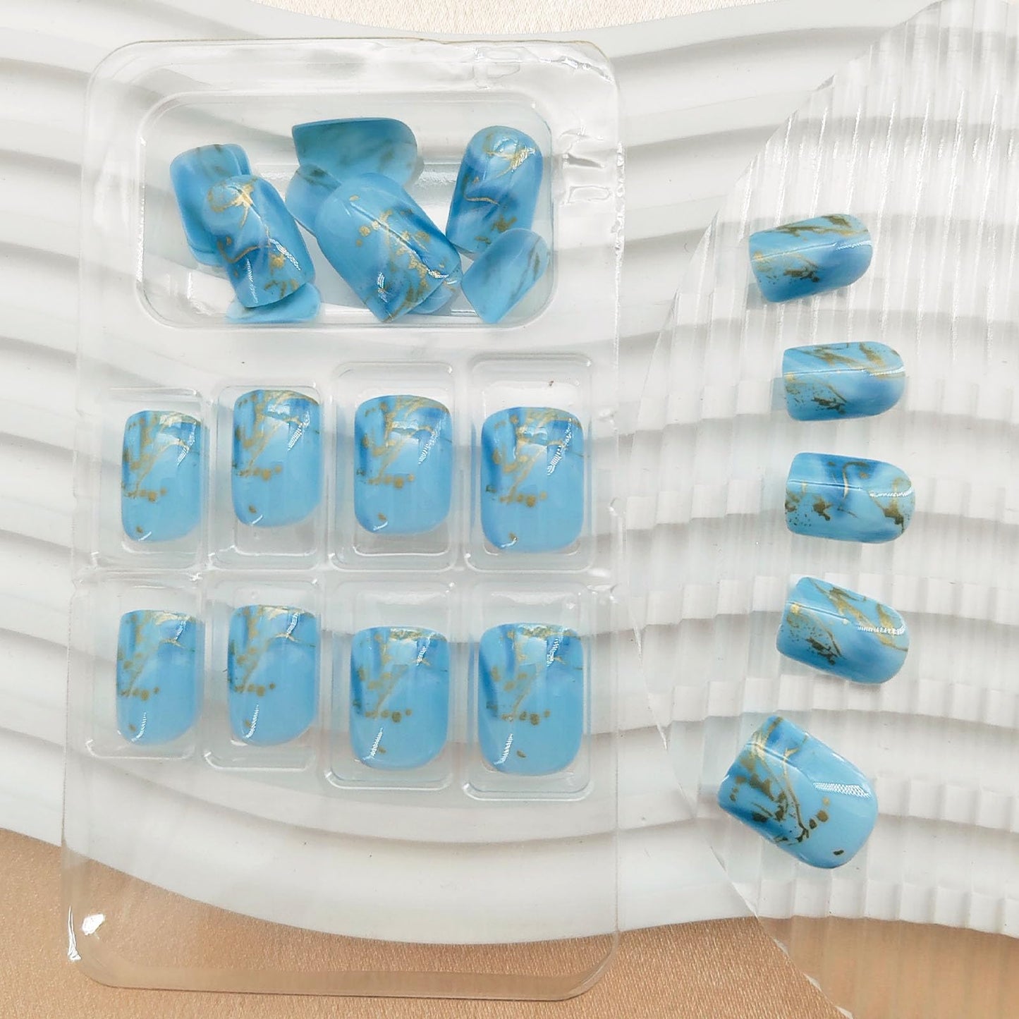 Square Press on Nails Short Fake Nails Blue Summer Nails Press ons with Cute Blue White Sea Waves Gold Foil Designs Glue on Nails Reusable Stick on Nails for Finger Manicure 24 Pcs