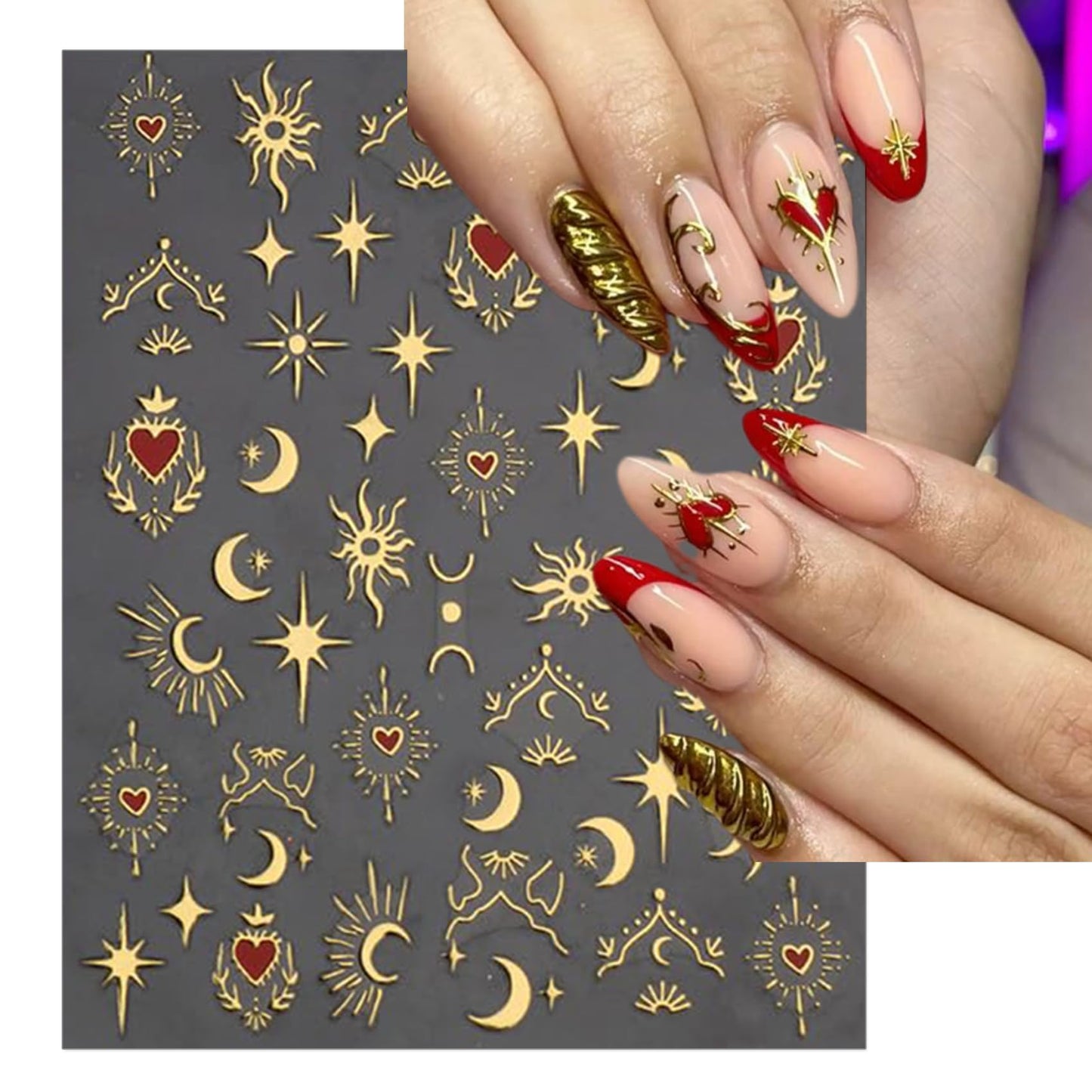 IDDFEVE Gold Heart Nail Art Stickers - Valentines Day Star Self-Adhesive 3D Nail Decals for DIY Golden Manicure (6 Sheets)