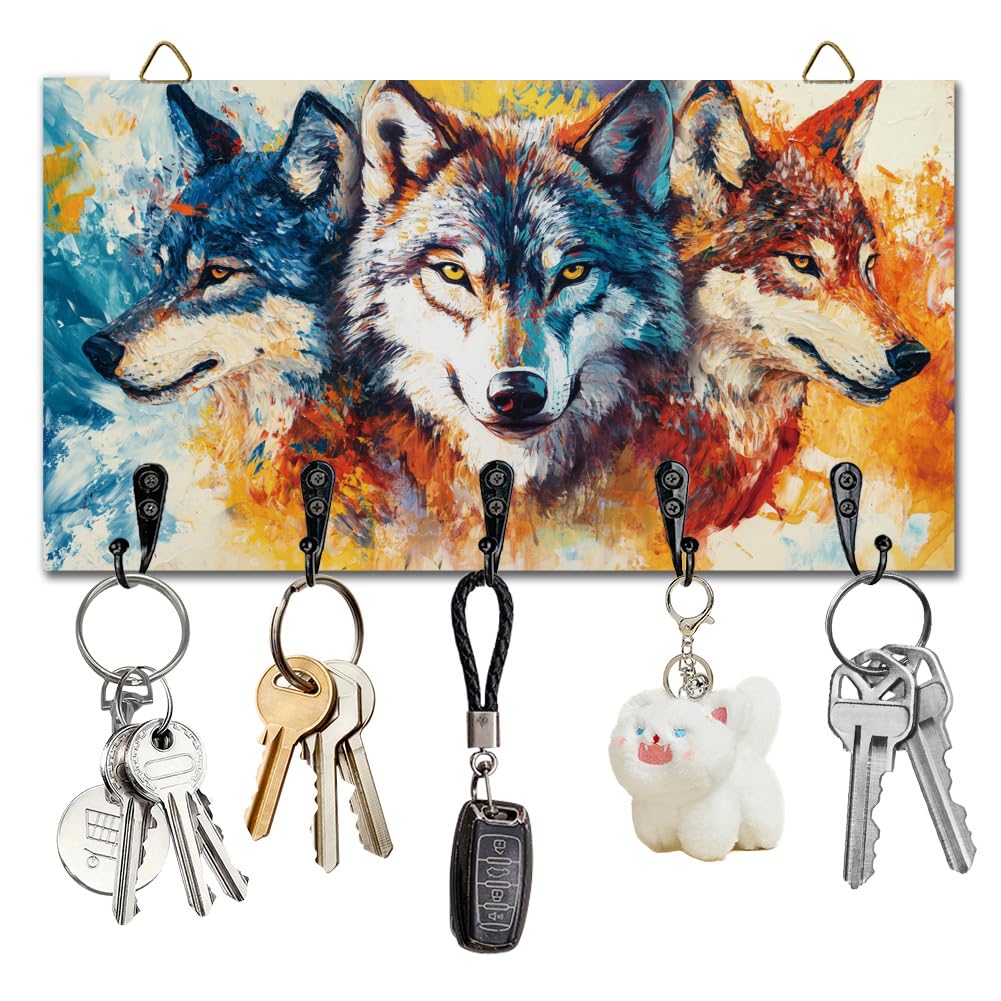 DELORIGIN Wolf Key Holder Wall Mounted Wooden Keys Racks Storage Organizer Hanger with 5 Key Hooks House Keys Holder for Wall Decor Door Entryway Hallway Kitchen New Home Gift