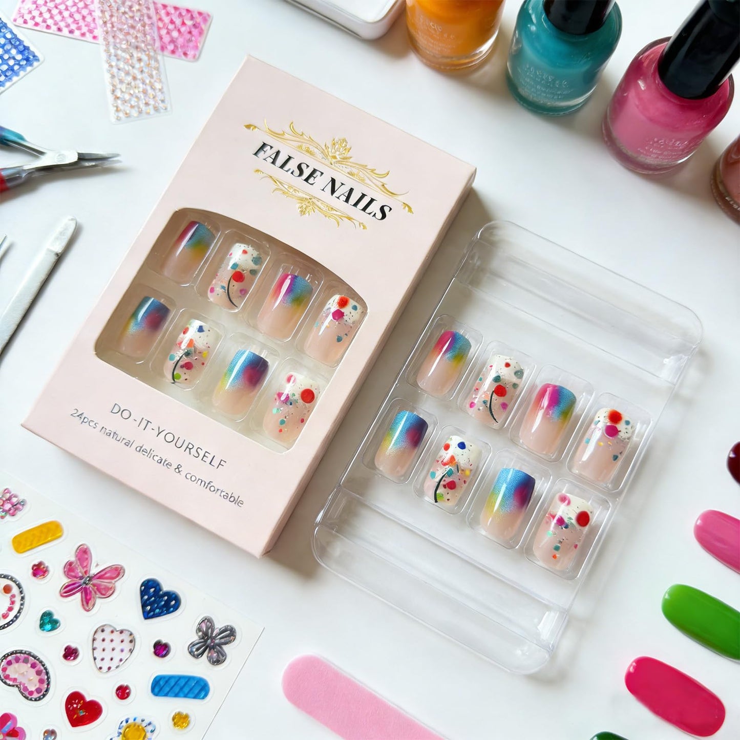 Ombre Press on Nails Medium Square Fake Nails with Colorful Polka Dots Design Acrylic False Nail Glossy Full Cover Stick on Nail Reusable Artificial Summer Nails for Women Manicure 24Pcs