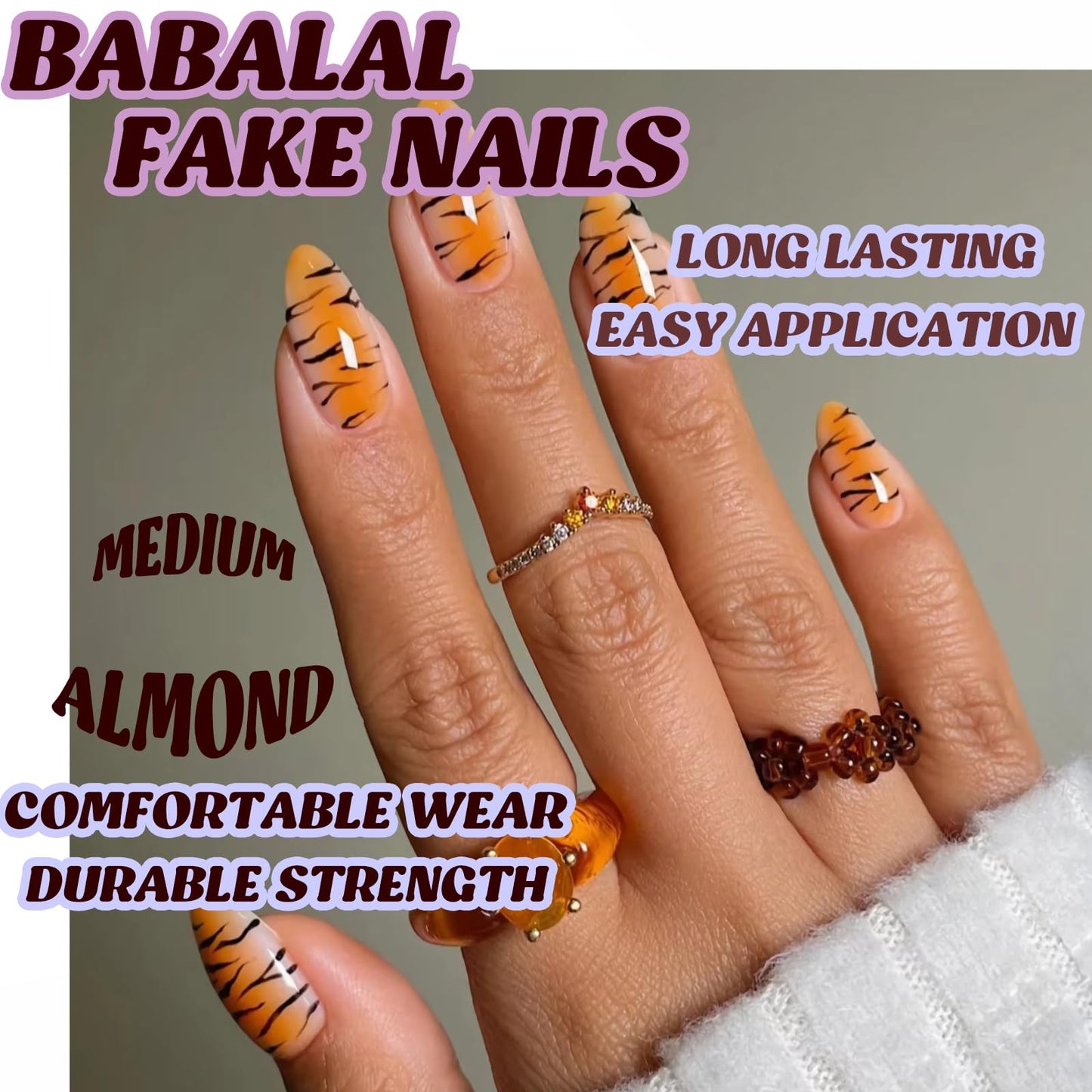 BABALAL Medium Almond Press on Nails - Brown Orange Ombre Tiger Print Acrylic Nails, 24 Pieces Fall Y2K Trendy Glossy Full Cover Glue on Nails for Women and Girls