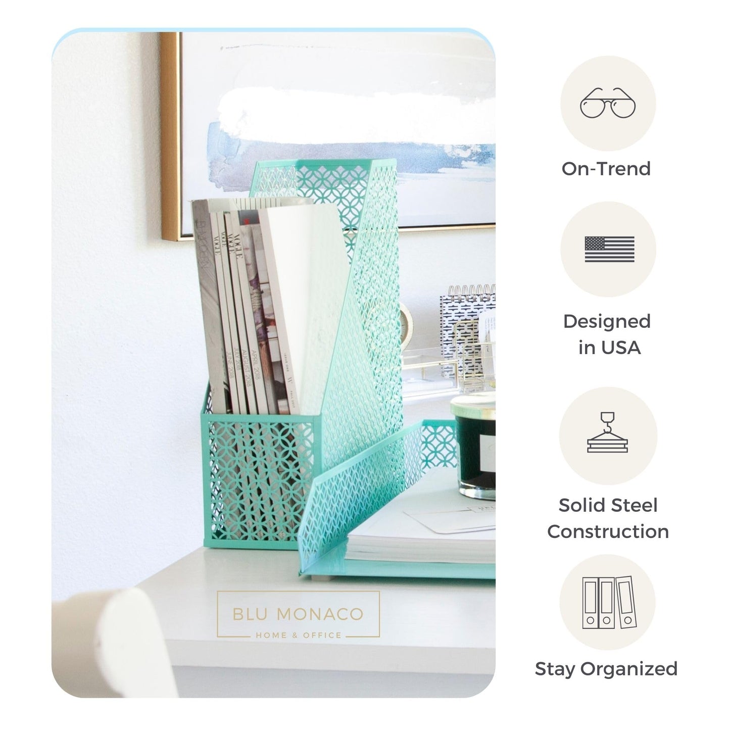 BLU MONACO Aqua - Teal 6 Piece Cute Desk Organizer Set - Desk Organizers and Accessories for Women - Cute Office Desk Accessories - Desktop Organization