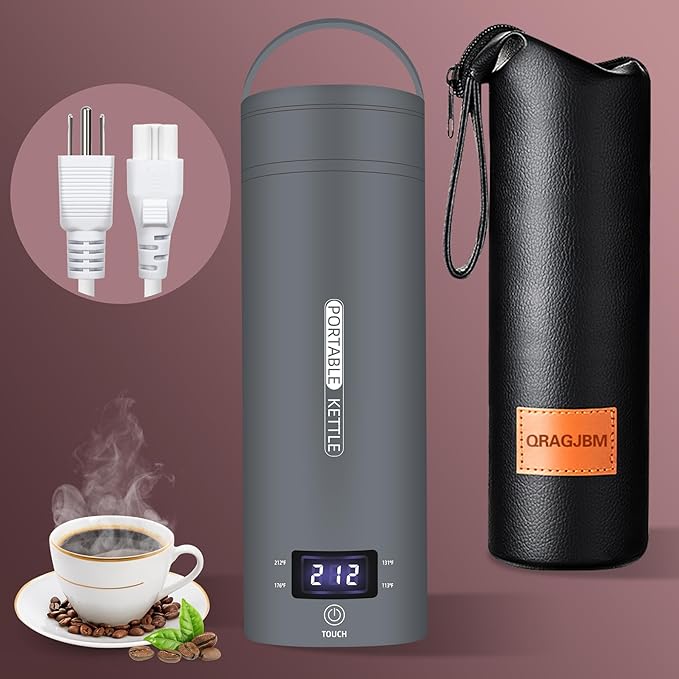 Travel Electric Kettle Portable Small Mini Tea Coffee Kettle Water Boiler, Water Heater with 4 Temperature Control,304 Stainless Steel with Auto Shut-Off & Boil Dry Protection, BPA-Free (Grey)