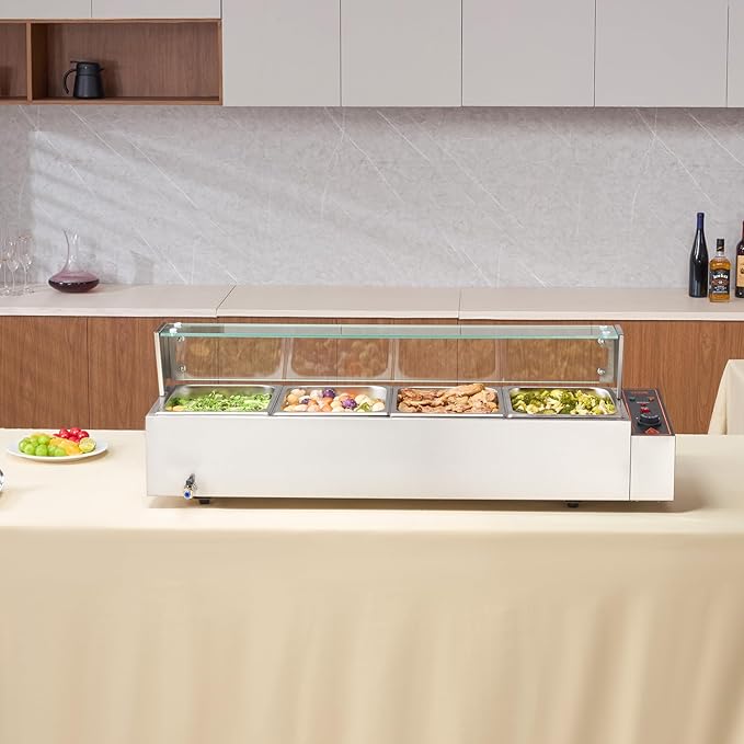 VEVOR 4-Pan Commercial Food Warmer, 4 x 12QT Electric Steam Table with Glass Cover, 1500W Countertop Stainless Steel Buffet Bain Marie 86-185°F Temp Control for Catering, Restaurants, Silver