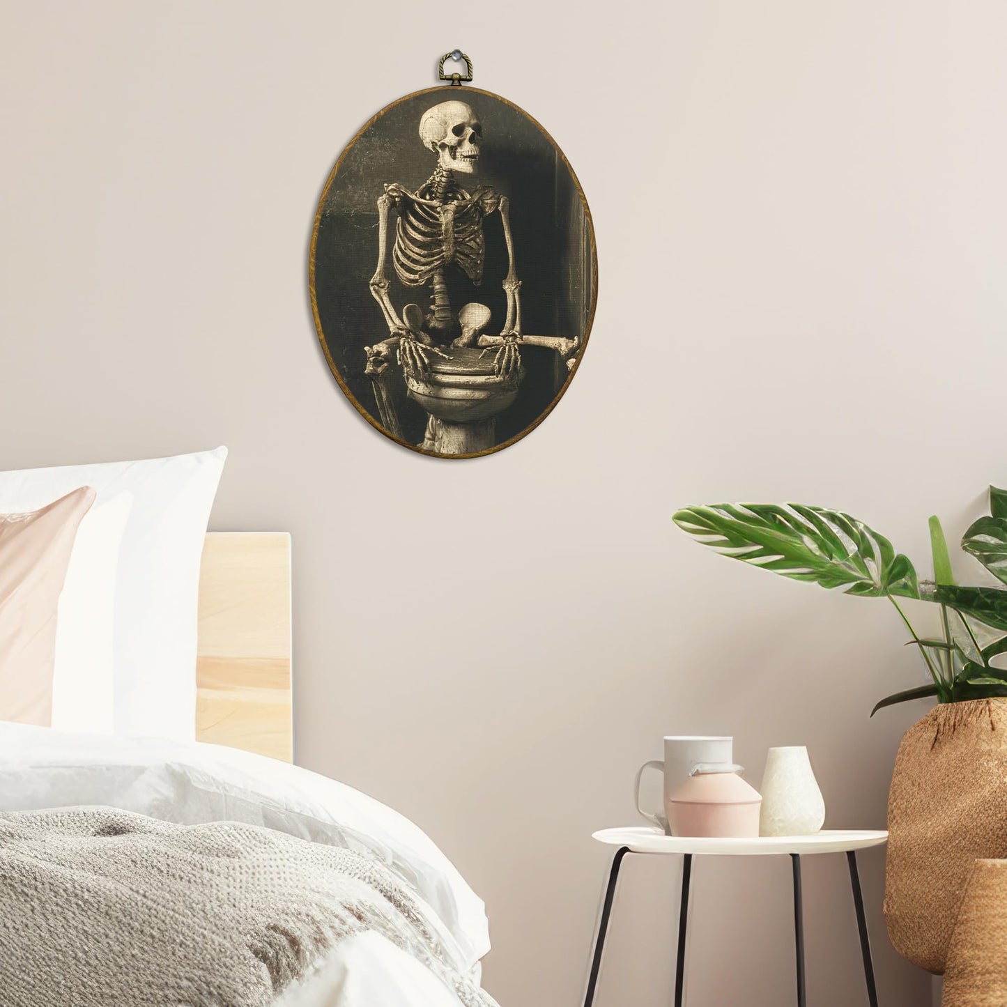 QZQE Funny Gothic Skeleton Bathroom Oval Wall Art Decor Framed, Moody Skeleton Oval Canvas Prints, Dark Academia Spooky Skull Wall Hanging Decor for Bathroom Washroom Restroom, 8.6x11.4 Inch