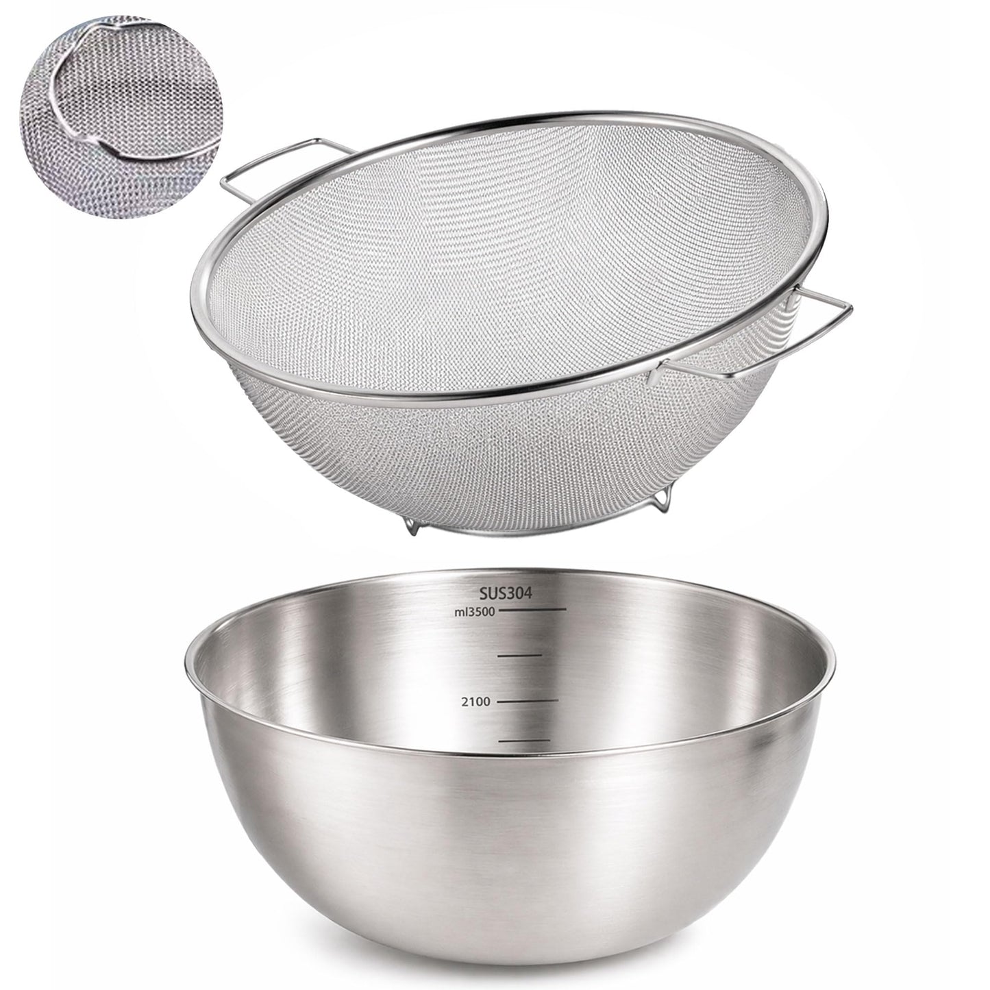 304 Stainless Steel Kitchen Colander Set, 3.5QT Colander with Handle and Bowl, 40 Mesh Fine Strainer, Fast Draining for Rice, Pasta, Fruits & Vegetables, Dishwasher Safe