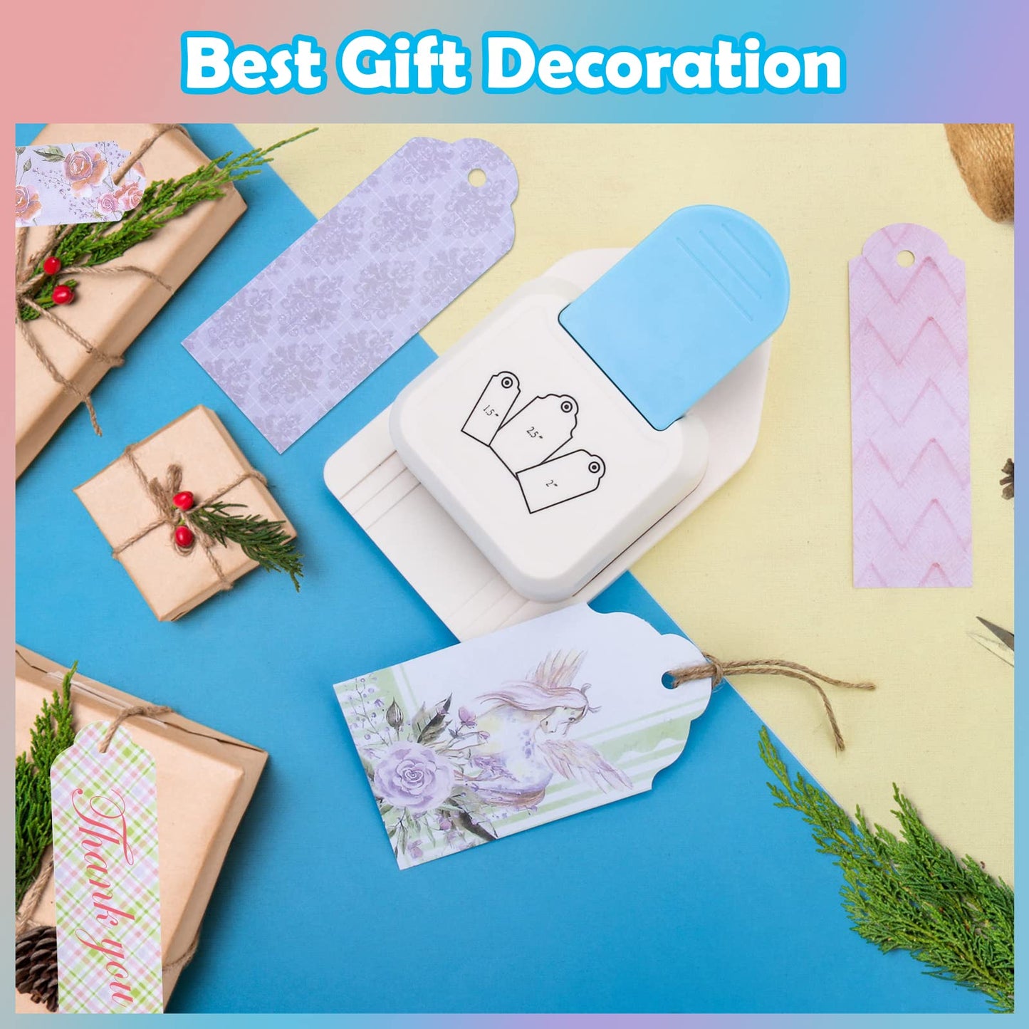 3 in 1 Craft Tag Punch, Windspeed 1.5/2/ 2.5 Inches Tag Shaped Paper Puncher Craft Tag Punch Gift Tag Paper Puncher with Rope/Scrapbooking Cards for DIY Arts Crafts