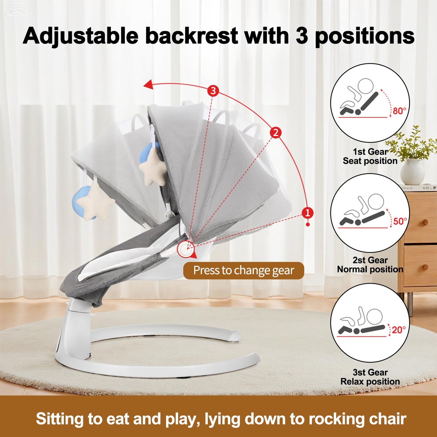 Baby Swing 3 in 1 Multifunctional Infant Rocker, Portable with Remote Control, 5-Point Seat Belt, 5 Auto Rocking, 3 Speed Timer, Electric with Music (0-12 Months) (Grey)