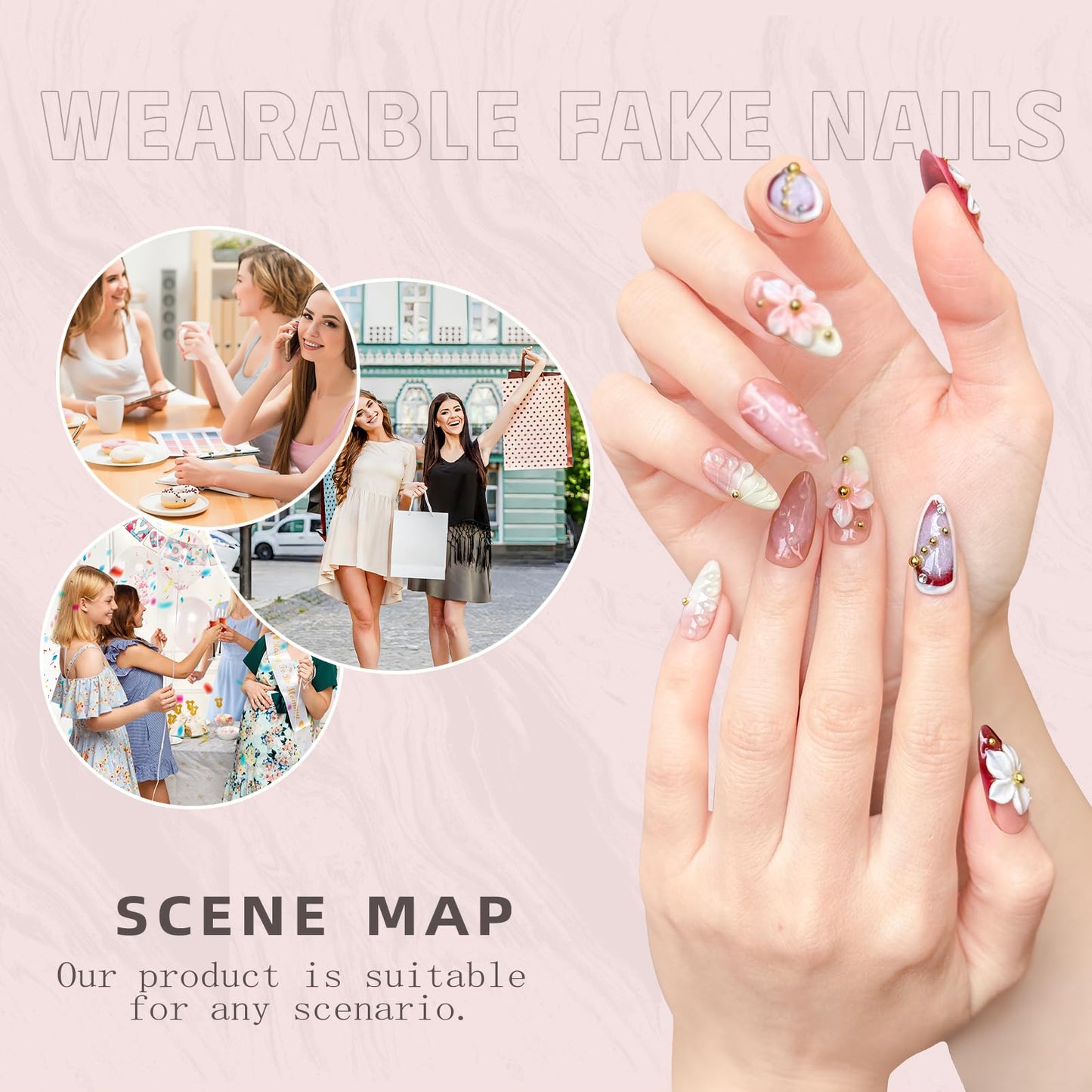 Luxury Press on Nails, Medium Almond 3D Handmade Nails, Reusable French Tip False Nails, Pink Flower Metal, Thick Acrylic ABS Nail Art (10PCS-S)