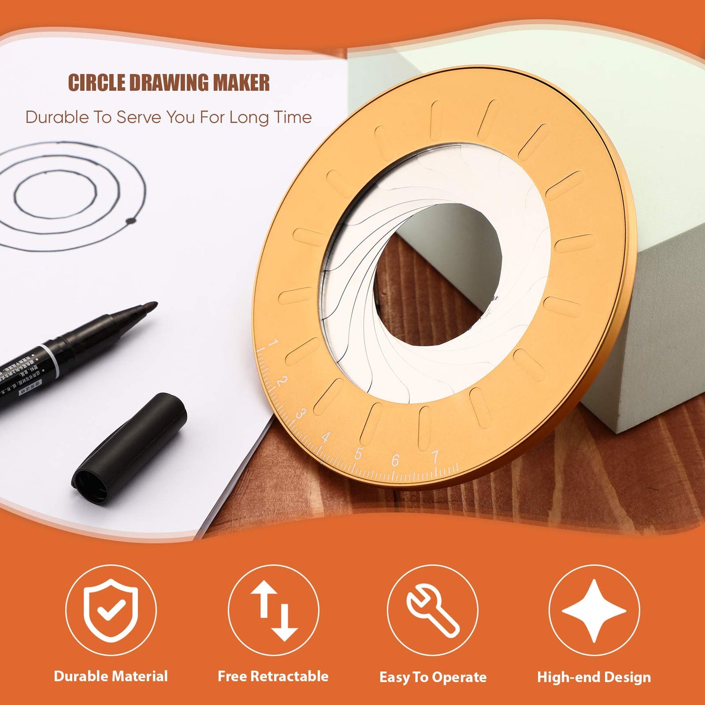 Zonon Circle Drawing Maker Stainless Steel Adjustable Round Circle Template Tool Ring Making Tool with Black Flannelette Bag for Drafting, 125 mm(Yellow)
