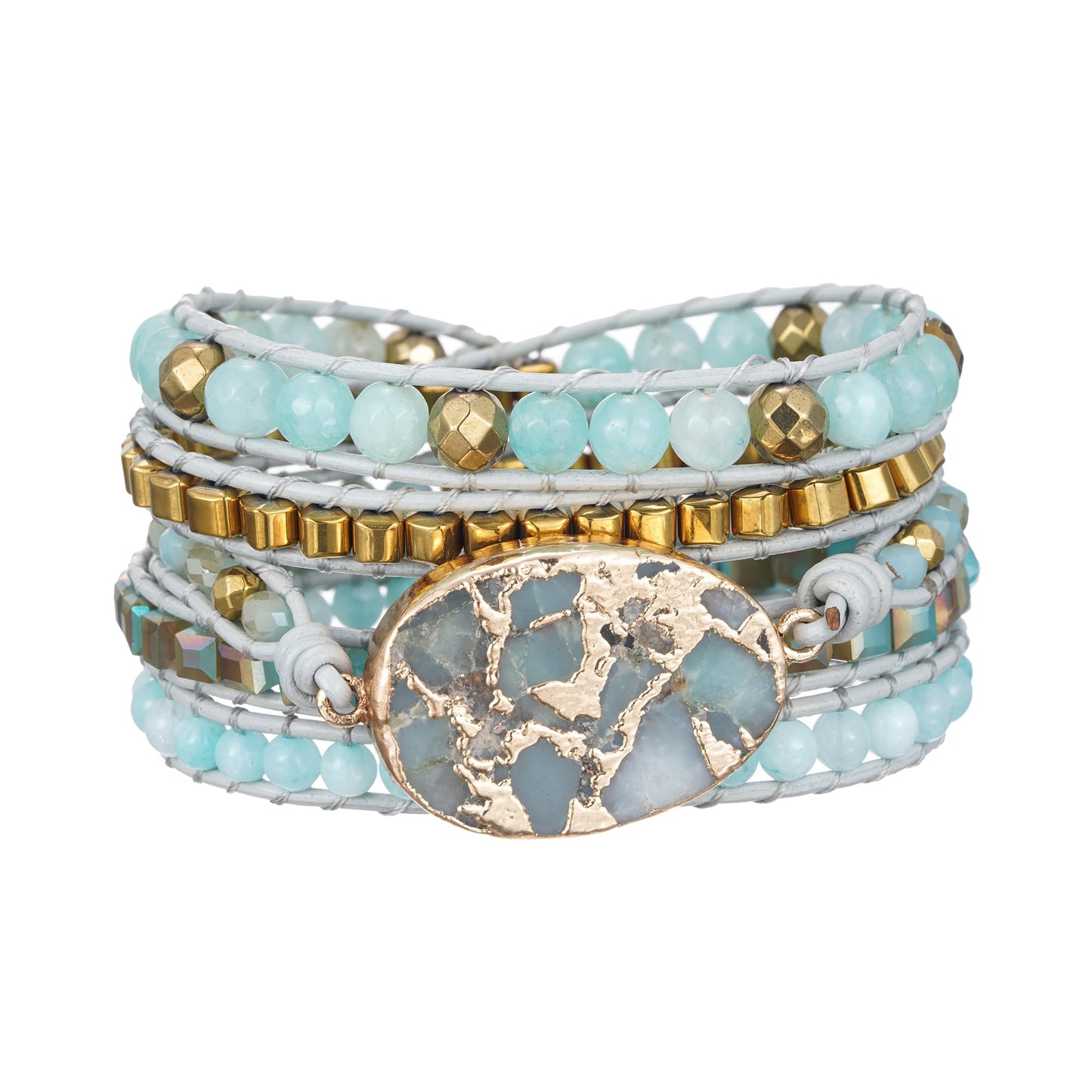 Plumiss Boho Handmade Women Unique Style Amazonite Stone Natural Bead Strand 5 Wrap Stackable Bracelets Jewelry