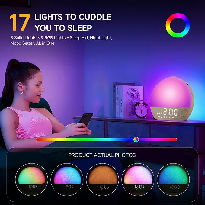 Geuuap Sunrise Alarm Clock White Noise Machine with Bluetooth Speaker,Khaki | 30 Soothing Sounds, 17 Dimmable lights, Simulated Sunrise, Backup Battery Memory, Auto-off Sleep Timer, Screen-Free Design