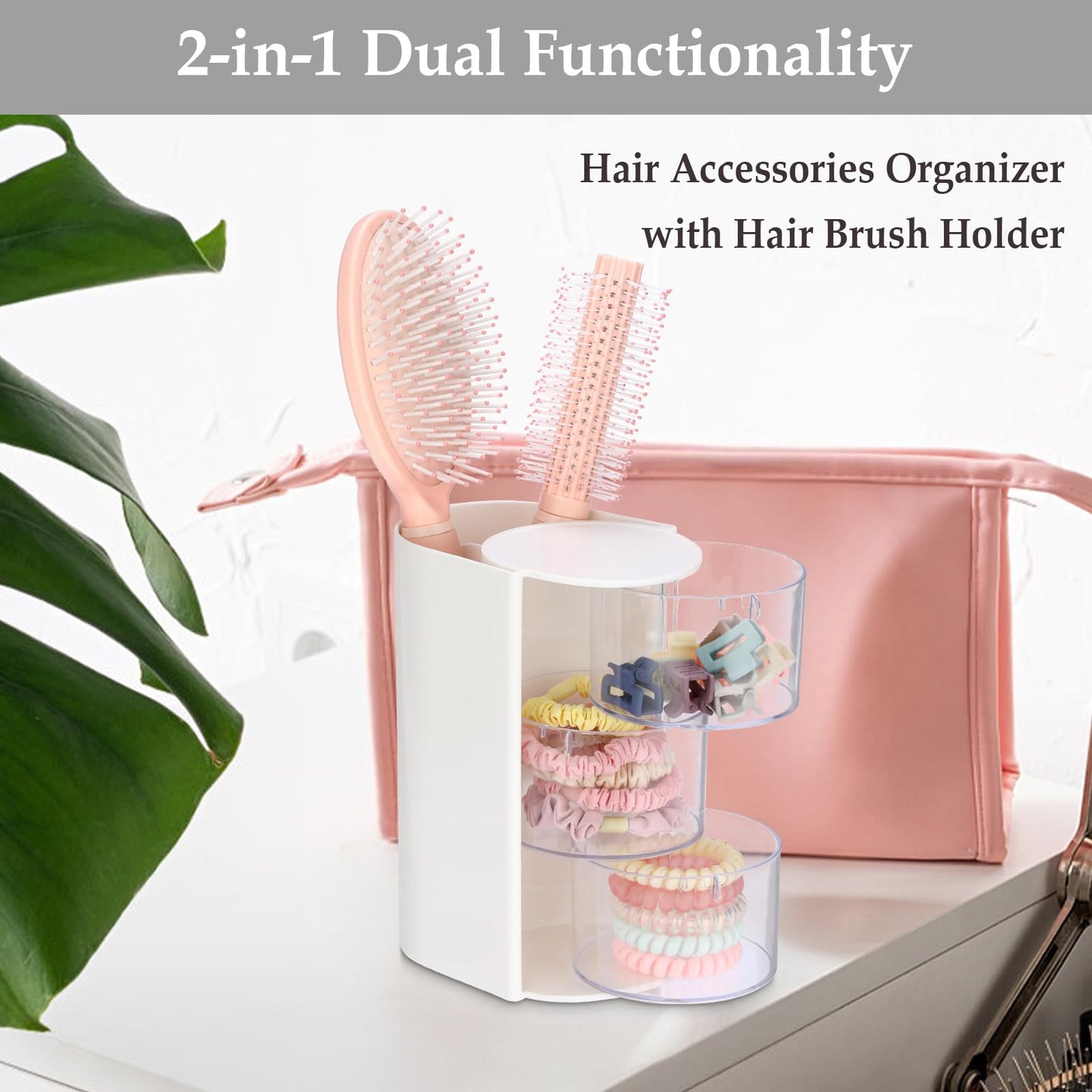 GUSHBIN Rotating Hair Accessories Organizer with Comb Holder Plastic Hair Clips Storage Container Cosmetic Storage Box for Makeup Sponge Brush, 3-Layer White