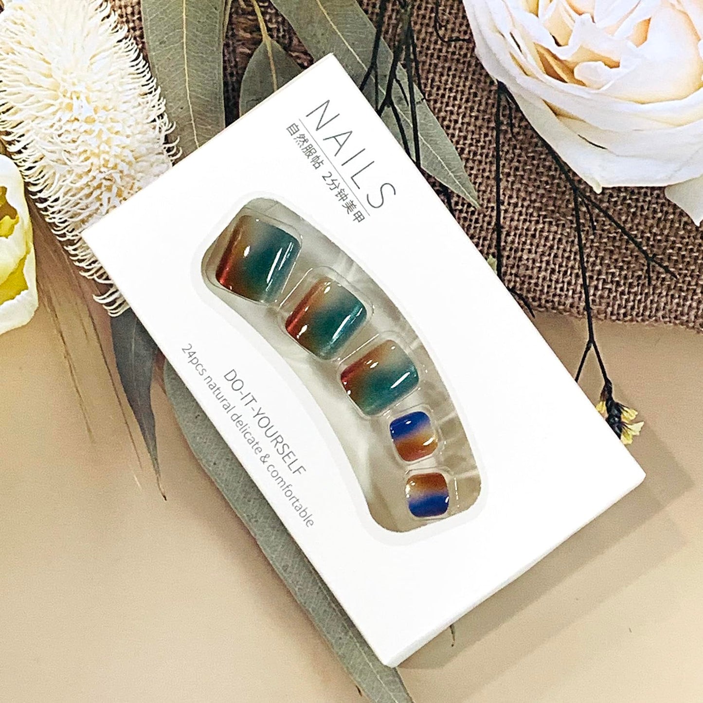 FIEONCIY 24Pcs Press-on Square Acrylic False Nails Set with Glue, Colorful Gradient Designs, Spring Summer Theme, Full Well Tips, Modern Style, Women's Full Cover Nails
