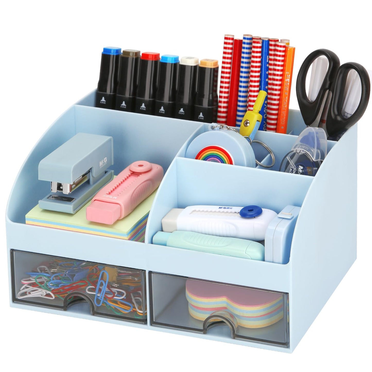 Office Desk Organizer with Drawers for Desktop/Tabletop/Counter, Desk Top Accessories Stationary Organizer Desk Caddy, Pen/Pencil/Business Card/Sticky Note Tray/Paperclip Holder Storage Box (Blue)