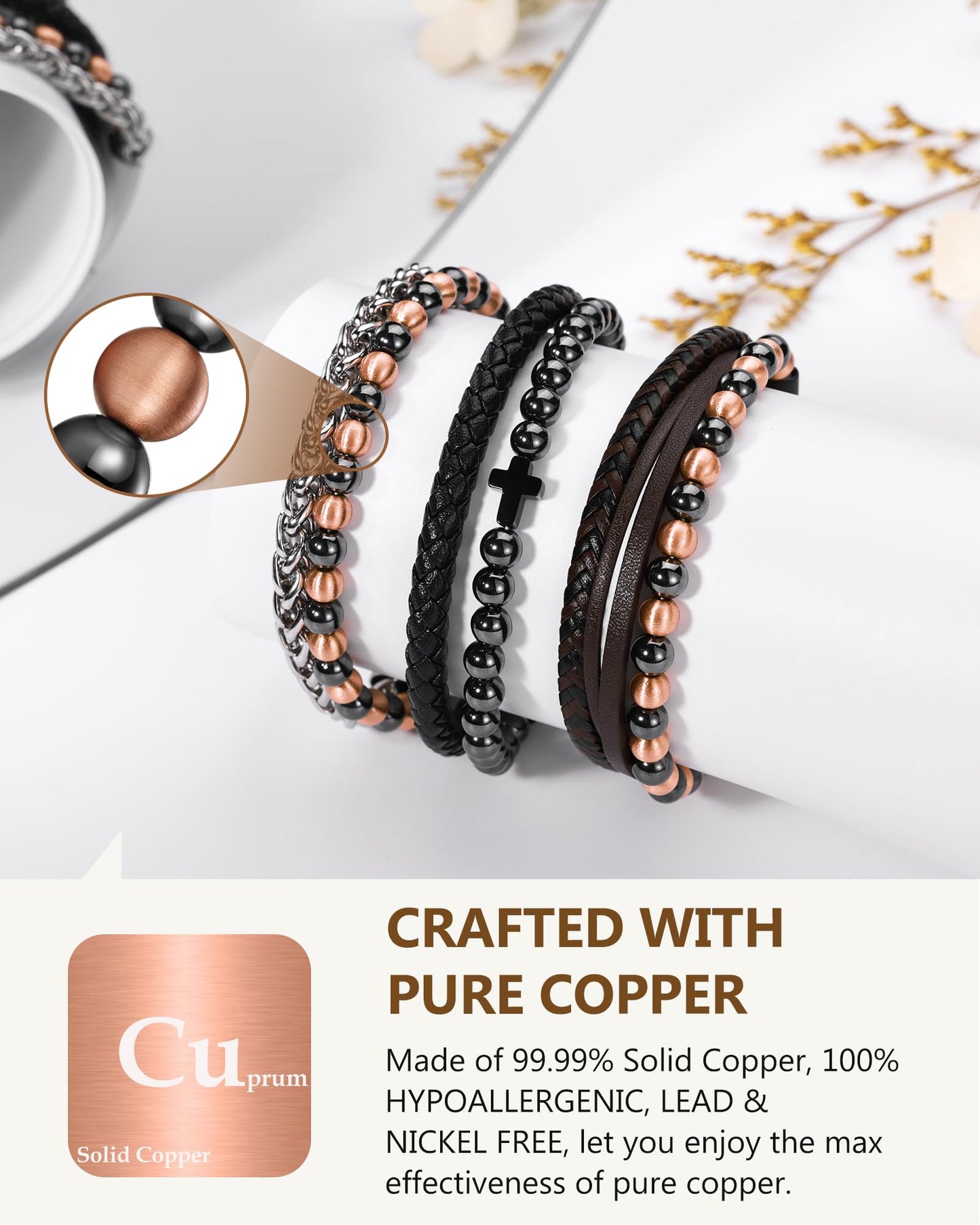 Feraco Magnetic Therapy Cross Copper Bracelet for Men,Hematite Beads Charm Bracelet for Dad,Friends,Brother