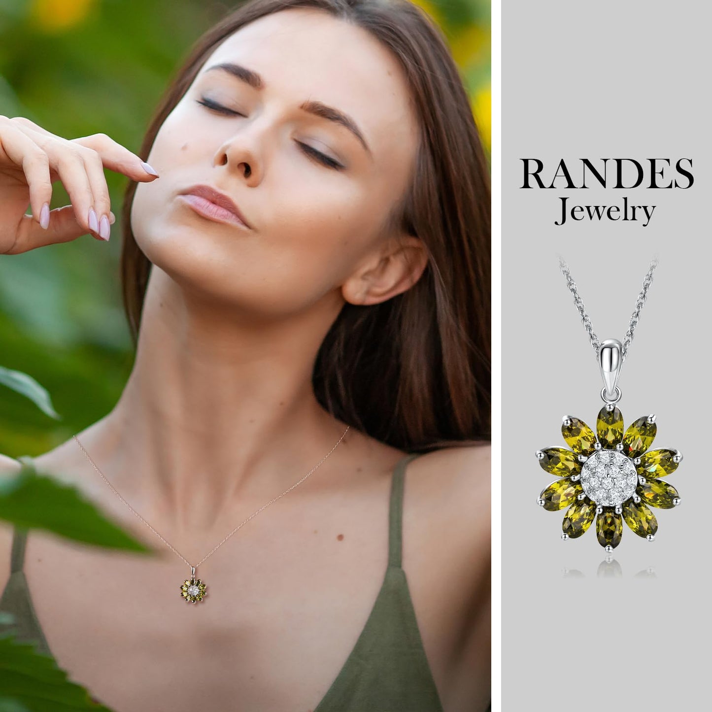 RANDES August Birthstone Necklace Peridot Sunflower Necklace 925 Sterling Silver Dainty Flower Stone Pendant Necklaces for Women