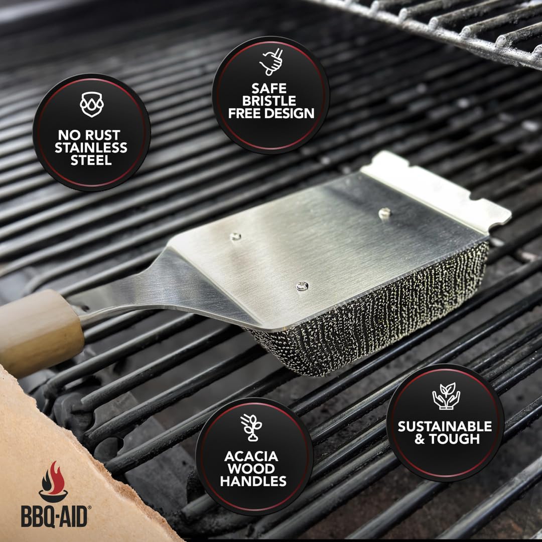 BBQ-AID Bristle Free Grill Brush and Scraper for Barbecue - Extended Large Wooden Handle with Replaceable Head - No Scratch BBQ Cleaning Accessories for Outdoor Grills