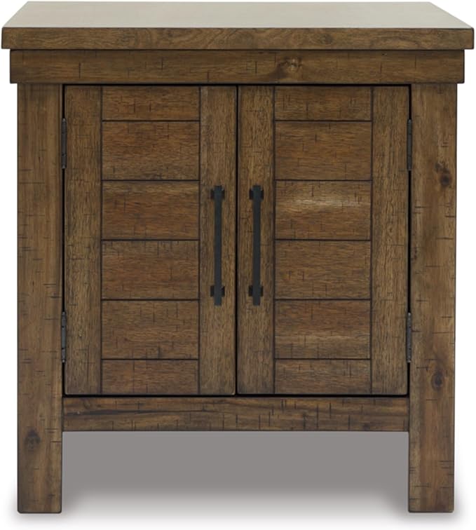 Signature Design by Ashley Moriville Rustic Farmhouse Rectangular End Table with Dual Cabinet Doors, Antique Bronze-Tone Hardware, Wood, 25" High, Brown