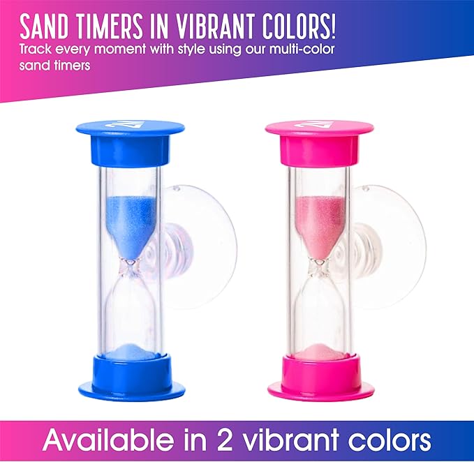 TecaherFav 2-Minute Hourglass Sand Timers with Suction Cup - Set of 2 Unbreakable Plastic Sand Clock Timer for Kids, Classroom, Games, Toothbrushing (Pink & Blue)
