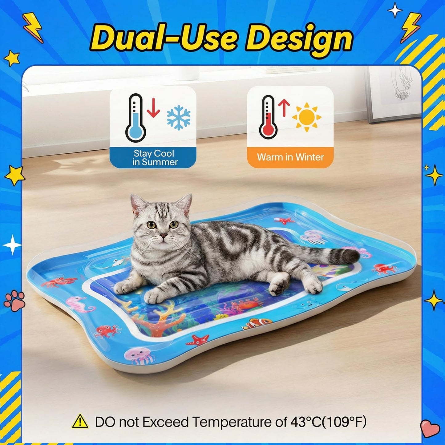 Aoioploa Cat Water Mat - Interactive Cat Toys Upgraded Thickened 0.7mm PVC Cooling & Heating Water Bed with Floating Fish, Anti-Scratch Leak Proof Foldable Water Sensor Play Mat for Cats