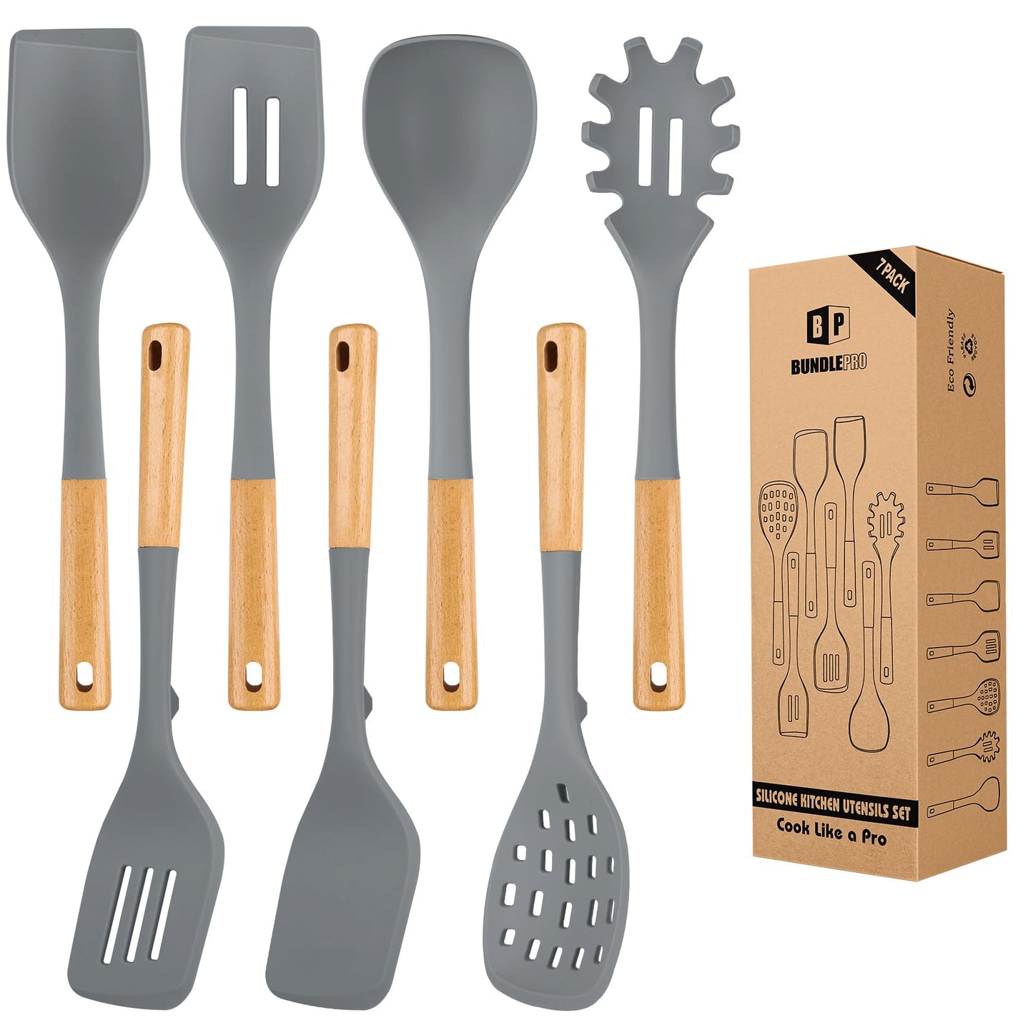 Silicone Kitchen Utensil Set for Non Stick Cookware, 7 Pcs Heat Resistant Cooking Utensils with Wooden Handle, BPA Free Kitchen Tools with Spatulas, Spoons, Skimmer and Pasta Fork (GRAY)