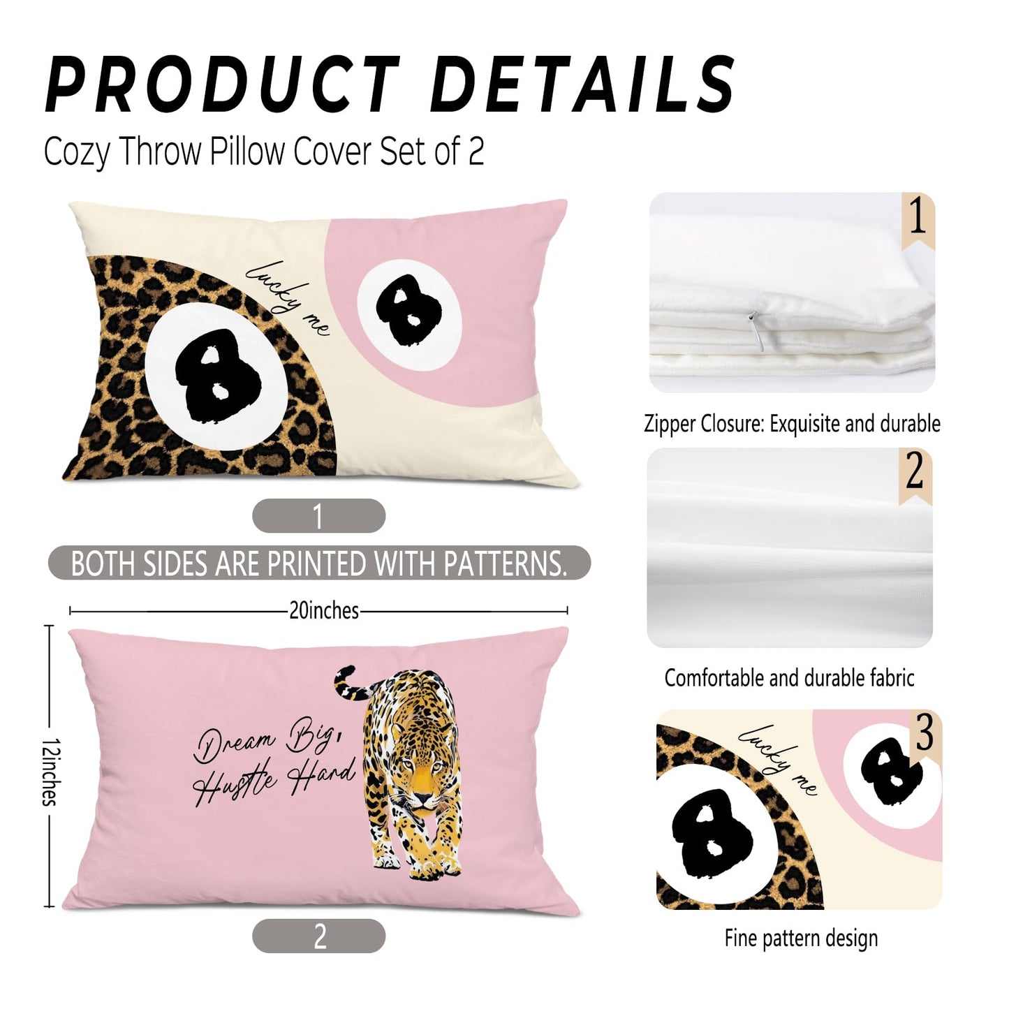 Foritho Trendy Leopard Lucky 8 Ball Pillow Covers 20x12, Cheetah Leopard Print Room Decor, Funky Preppy Leopard and Black Billiards Decorative Throw Pillow Covers for Girls Dorm Apartment，Set of 2