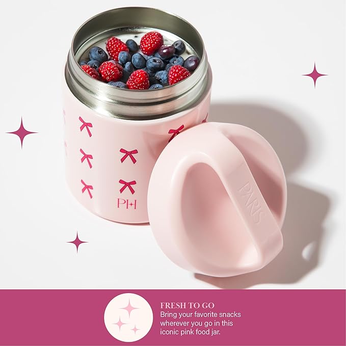Paris Hilton Stainless Steel Food Jar, Double Wall Vacuum Sealed Insulated Food Storage Container with Carry Handle Lid, 12-Ounce, Pink with Bow Design