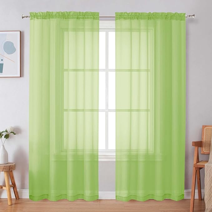 Simplebrand Lime Sheer Curtains 72 Inches Long 2 Panels for Living Room, Rod Pockets Airy Window Treatments Voile Sheer Black Curtains Panels Lightweight for Front Back Patio Glass Door, 42" Width