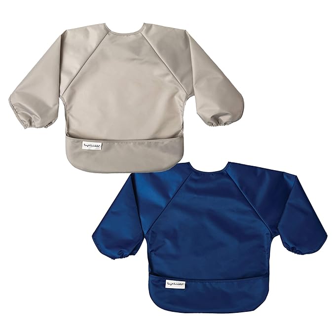Tiny Twinkle Long Sleeve Bib for Babies & Toddlers – 2 Pack Waterproof Smock Bibs for Eating – Machine Washable & Mess-Proof, Baby Feeding Essential & Shower Must-Have (Grey Indigo,6–24M)