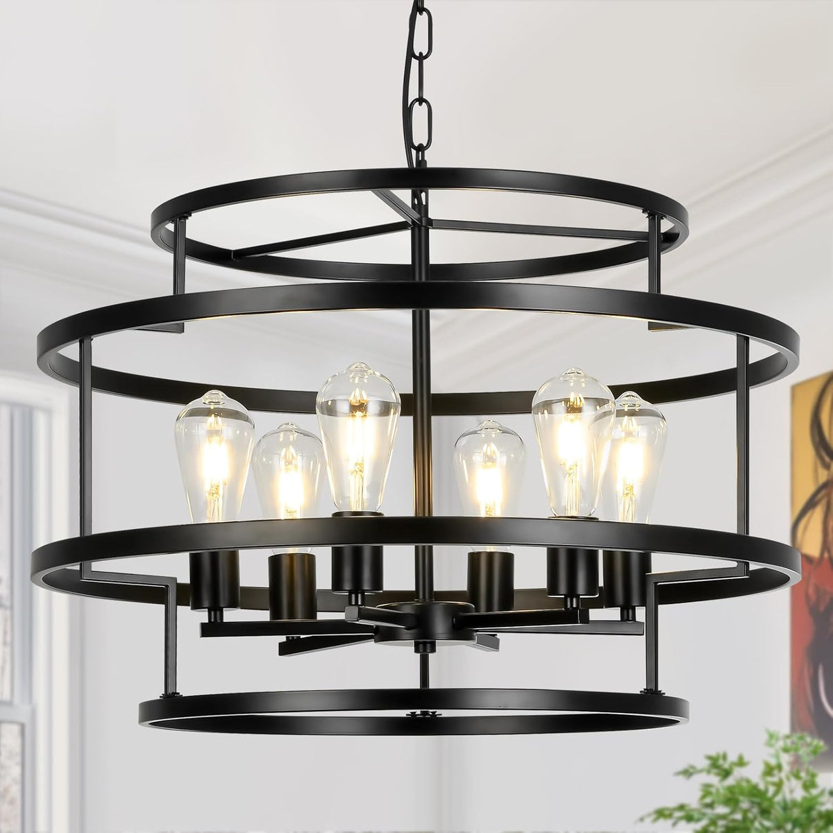24" Black Chandelier, 6-Light Farmhouse Pendant Light Fixture with Geometric Metal Frame, Modern Industrial Ceiling Hanging Light for Dining Room, Living Room, Bedroom, Kitchen Island, Hallway, Foyer