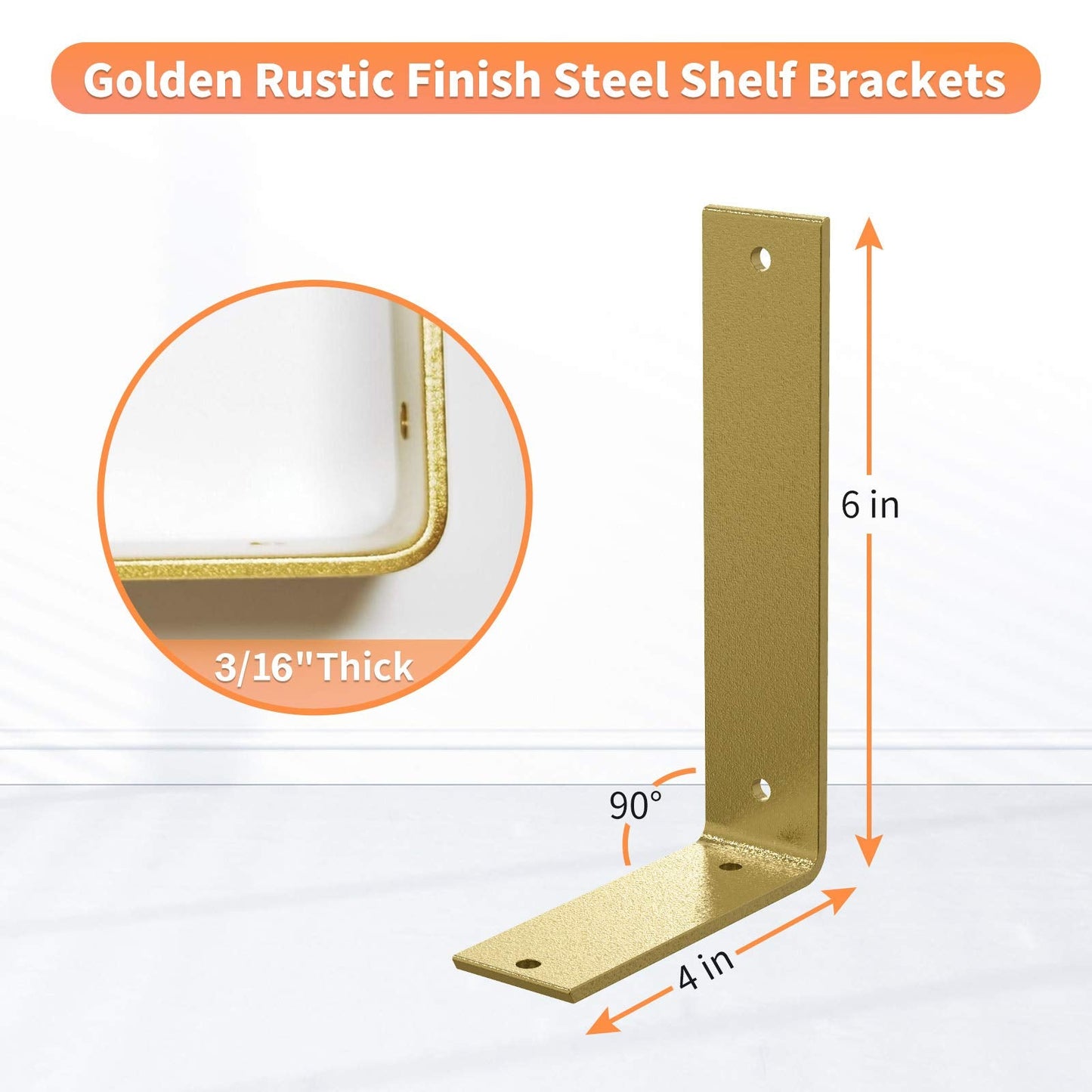 Gold Heavy Duty Shelf Brackets 6 Inch, Rustic Gold Iron L Shelf Bracket, Industrial Modern Metal Floating Shelf with Hardware for DIY Open Shelving, 4 Pack