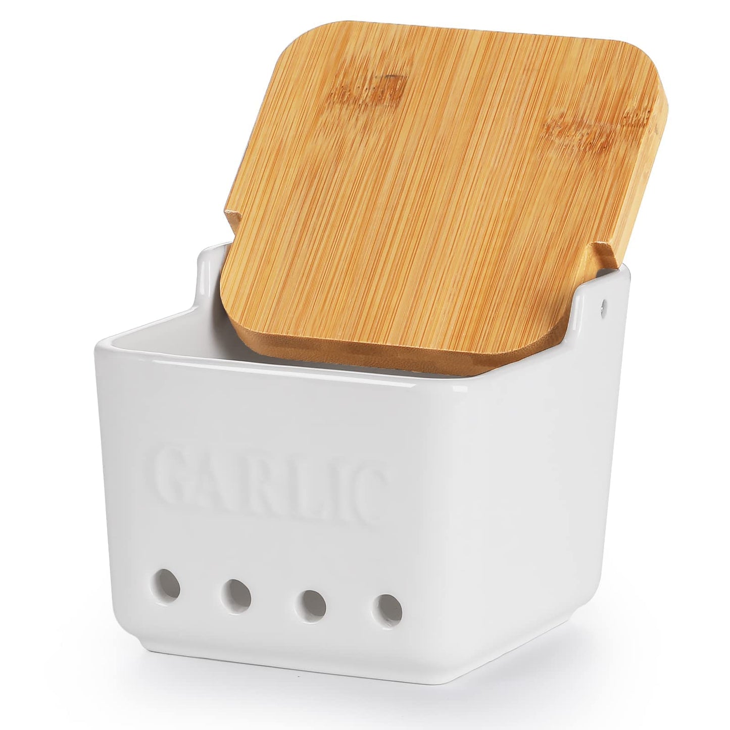 ONTUBE Garlic Keeper with Lid, Ceramic Garlic Holder Storage, Garlic Container for Kitchen, Garlic Saver to Keep Your Garlic Cloves Fresh Longer 4.7-Inch (White)