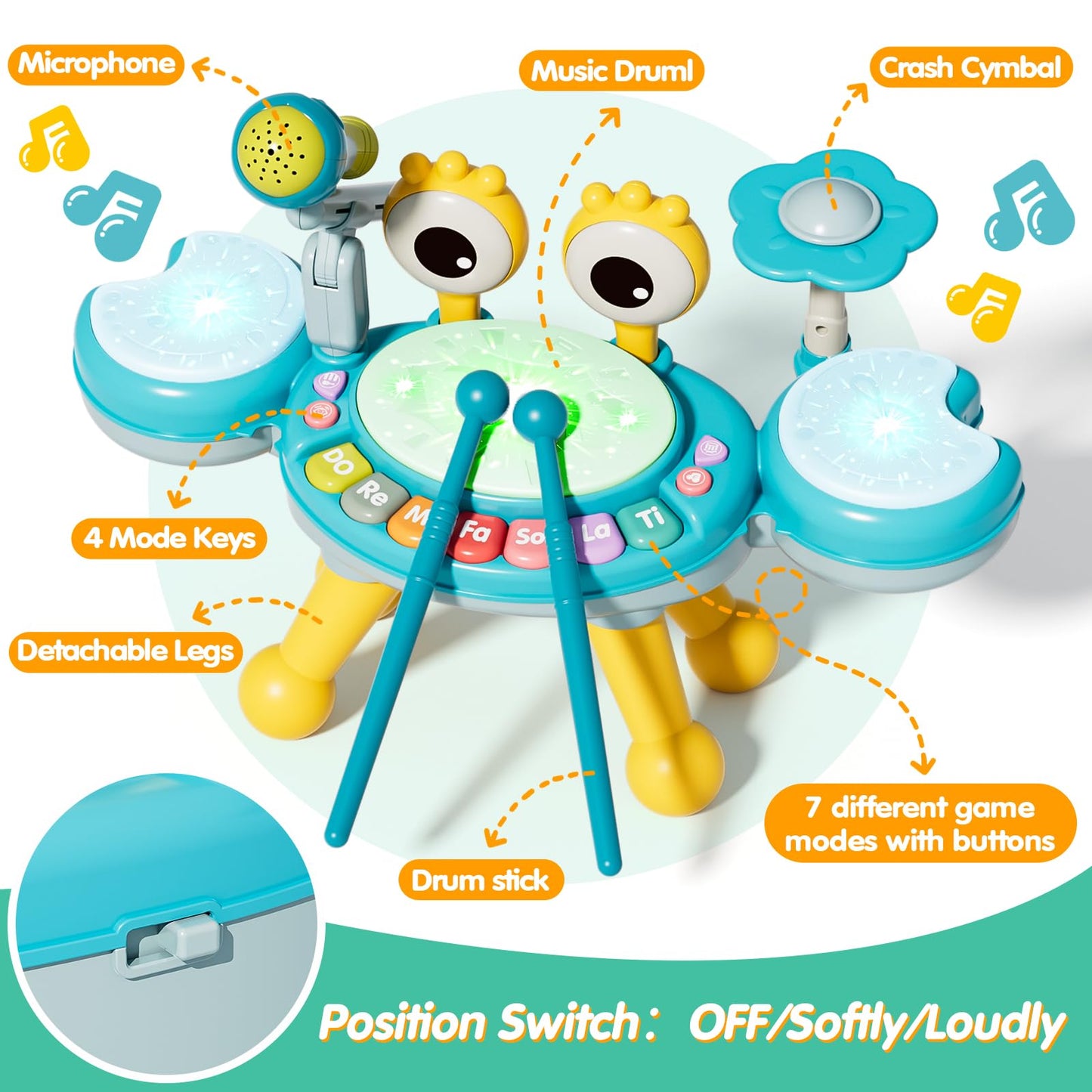 Toddler Drum Set for Kids 1-3, Baby Drum Set 1 Year Old with Light-Up Microphone, Musical Instruments Montessori Learning Toys for 6 9 12 18 Months, Birthday Gift for Boys Girls (BLUE)