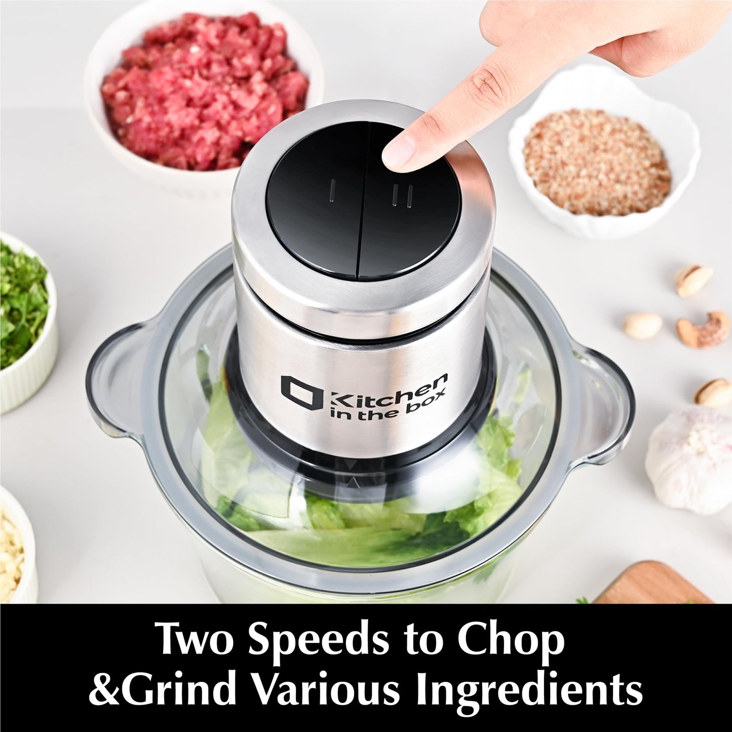 Kitchen in the box Food Processor, Electric Meat Grinder & Food Chopper with 400W Powerful Veggie Chopper-2 Bowls（8 Cup+8 Cup） & 2 Bi-Level Blades for Meat/Fish/Vegetable/Baby Food（Black Button）