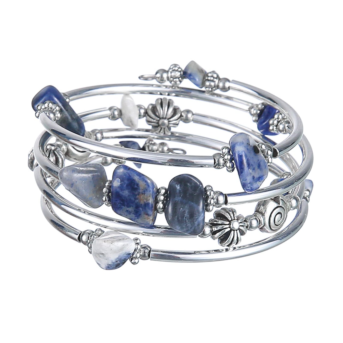 FULU AUTUMN Stone Silver Bangle Wrap Bracelet Boho Turquoise Crystal Chips Bead Bracelets Fashion Jewelry Birthday Gifts for Women(19-Blue)