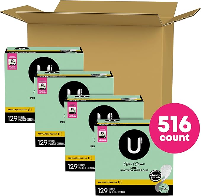 U by Kotex Clean & Secure Panty Liners, Light Absorbency, Regular Length, 516 Count (4 Packs of 129) (Packaging May Vary)