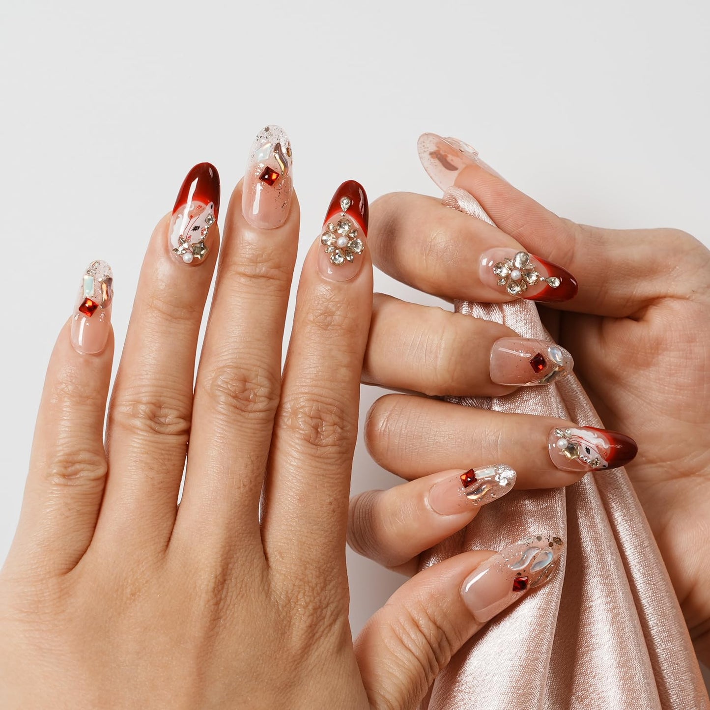 Tesytto Handmade Press on Nails Almond Shape Glossy Reusable False Nails for Nail Art (Crimson Crystal Butterfly Glow, M)