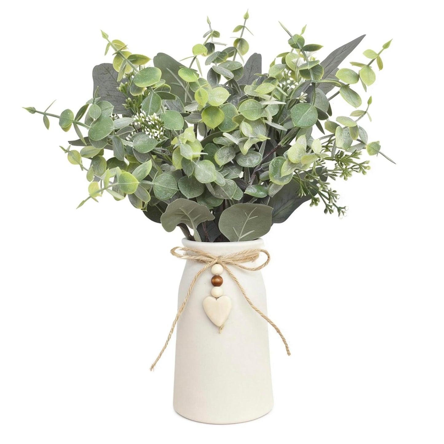 Artificial Silver Dollar Eucalyptus Stems in White Ceramic Vase, 14" Tall Faux Eucalyptus Picks with Twine Bow & Wooden Heart Charm, Full Greenery for Home Decor, Table Centerpiece, Shelf & Office
