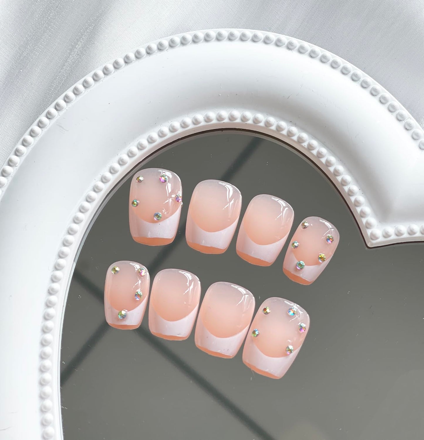 Press on Nails Extra Short Square MABKJLF French Tip Fake Nails Full Cover Glue on Nails Rhinestones False Nails White Acrylic Press on Nails Stick on Nails Artificial Nails for Women Girls 24 Pcs