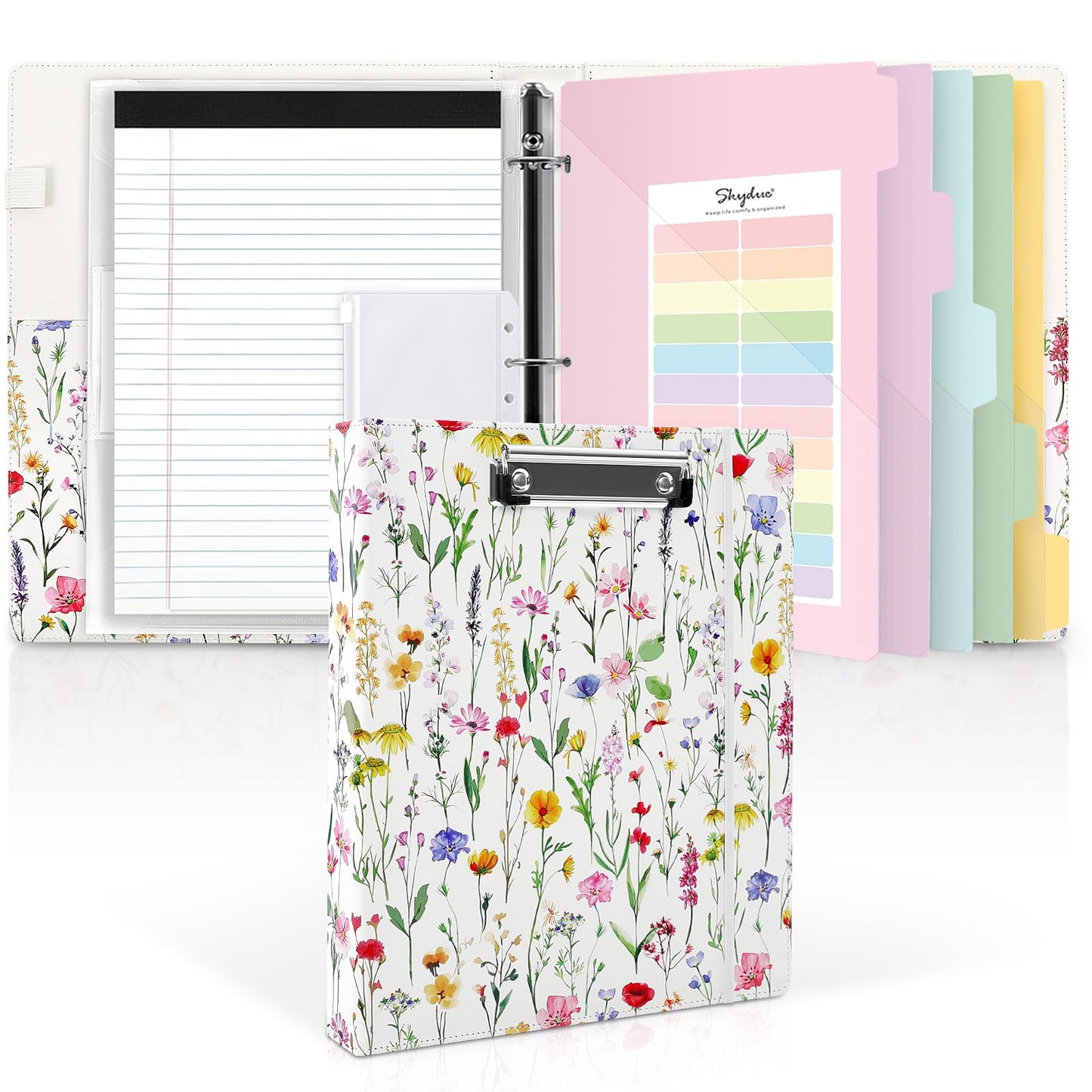 SKYDUE 1 Inch 3-Ring Binder with Clipboard, PU Binder with 5 Dividers, Notepad, Stickers & Pockets for Work and School - Aesthetic Binder (Letter Size)