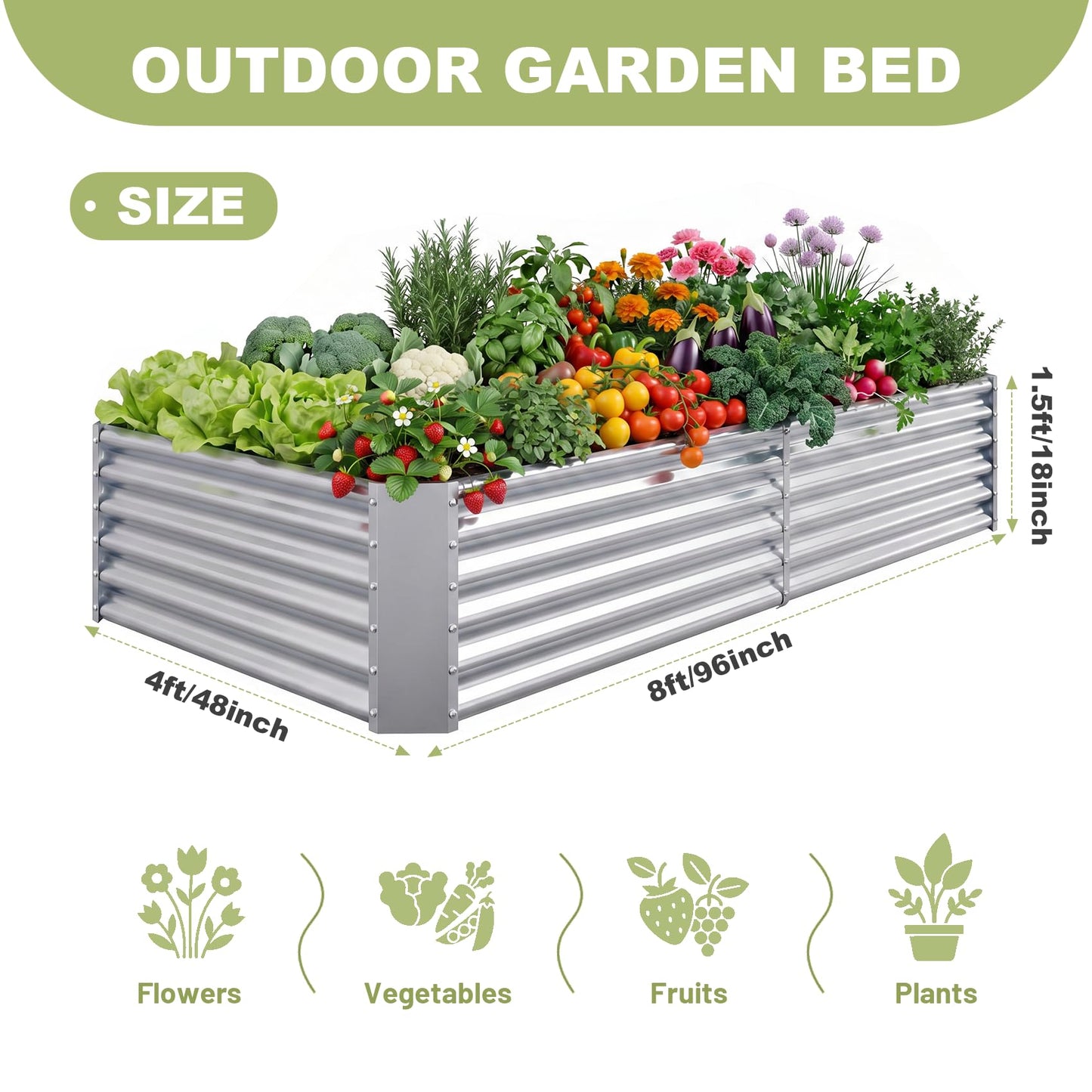 AHEONLAR 2 Pack 8×4×1.5ft Galvanized Raised Garden Beds Outdoor, Rectangle Sturdy and Durable Planter Boxes for Vegetables, Fruits, Flowers and Plants, Easy Assembly, Silver Grey